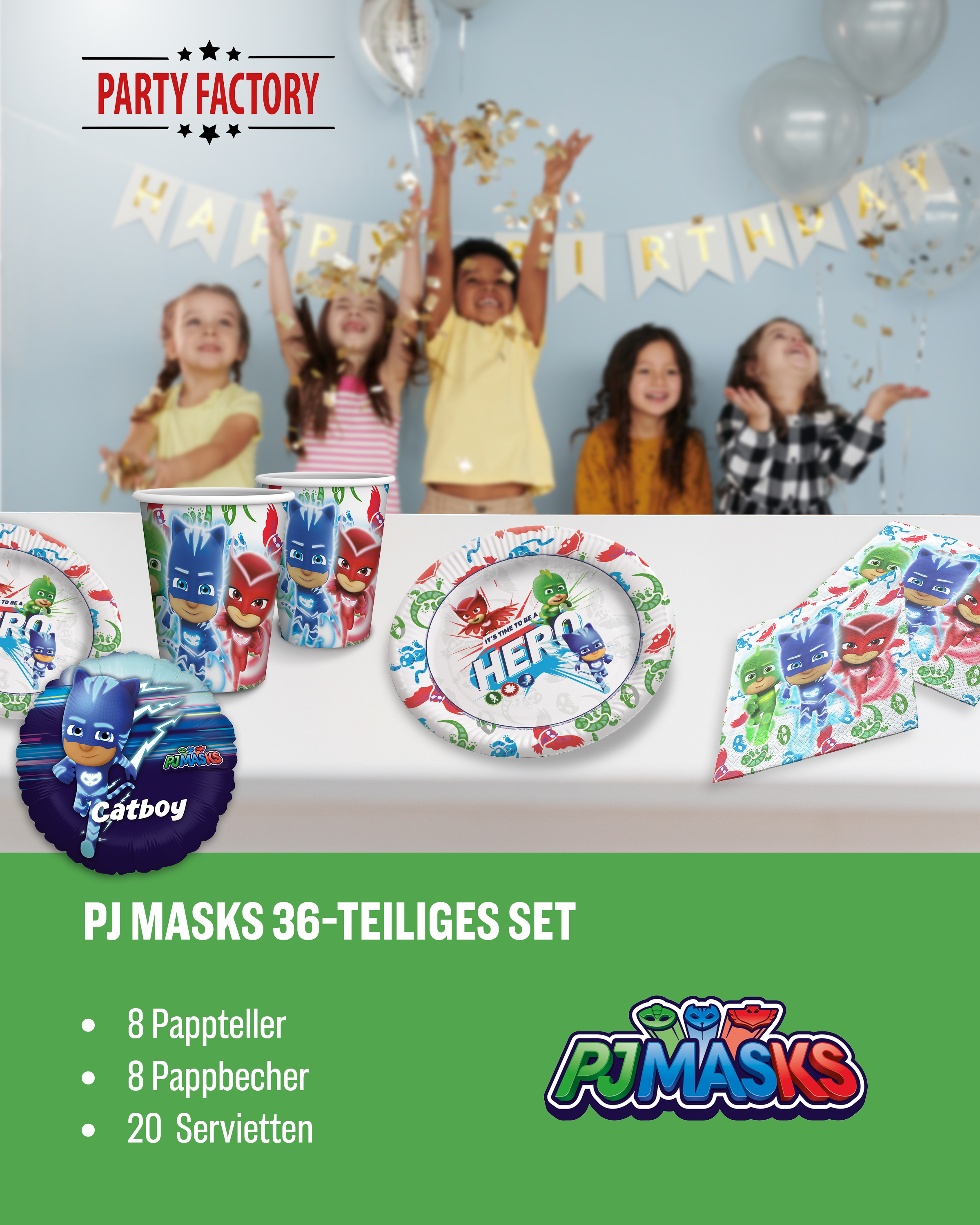PJ Masks Party Set 36tlg mit Tellern Bechern und Servietten Geburtstag 2