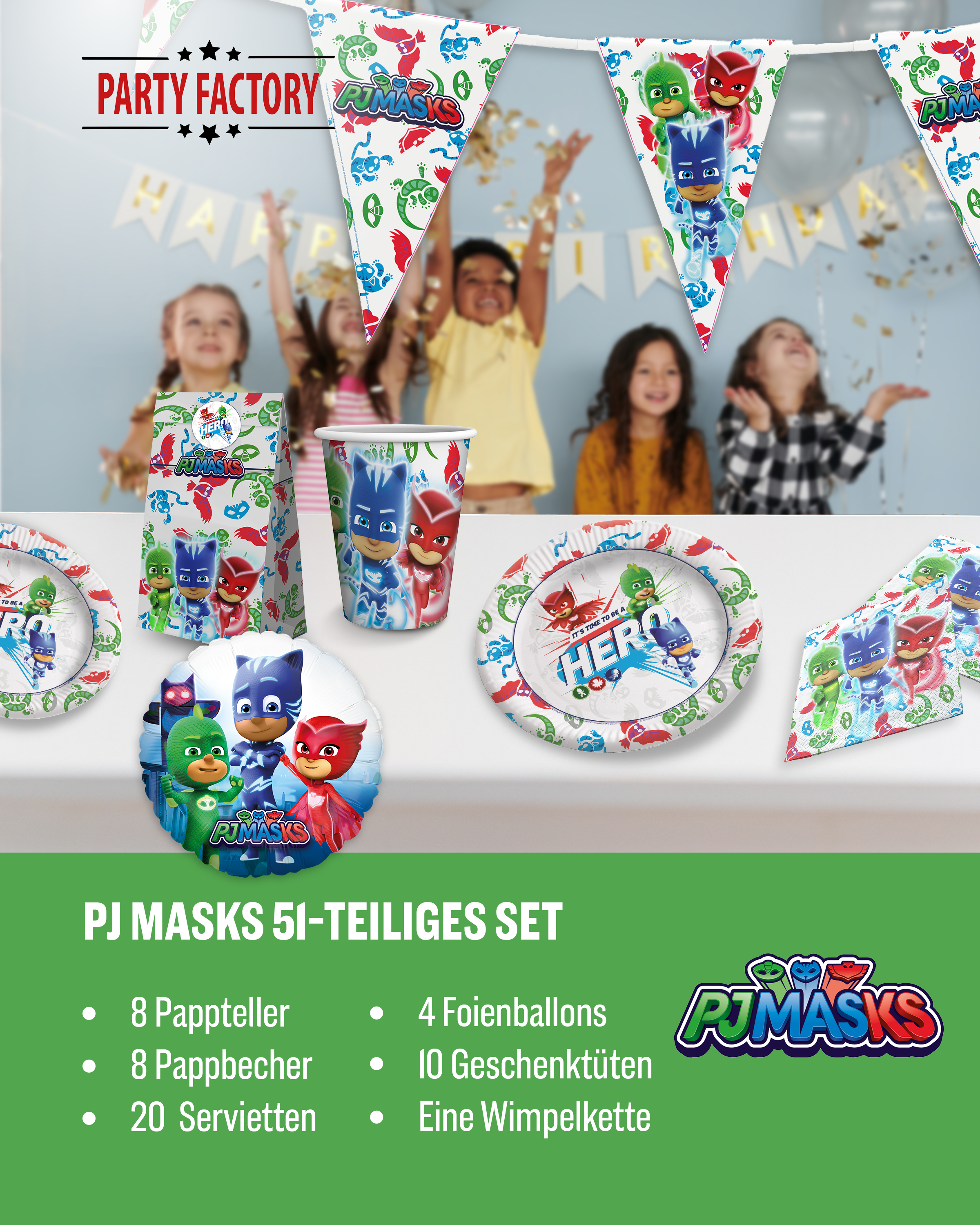 PJ Masks Party Set 51tlg mit Ballons Geschenktüten Becher Teller Geschirr 2