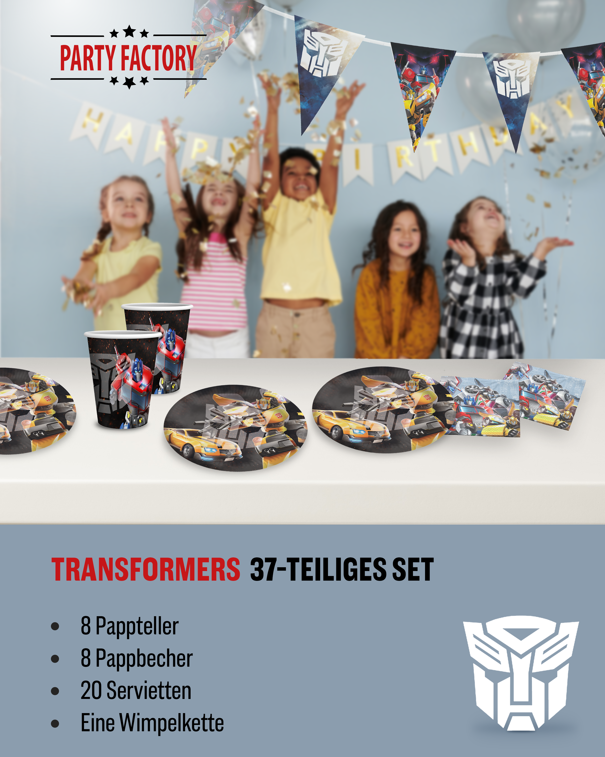 Transformers Party Set 37tlg mit Wimpelkette Tellern Bechern und Servietten 2
