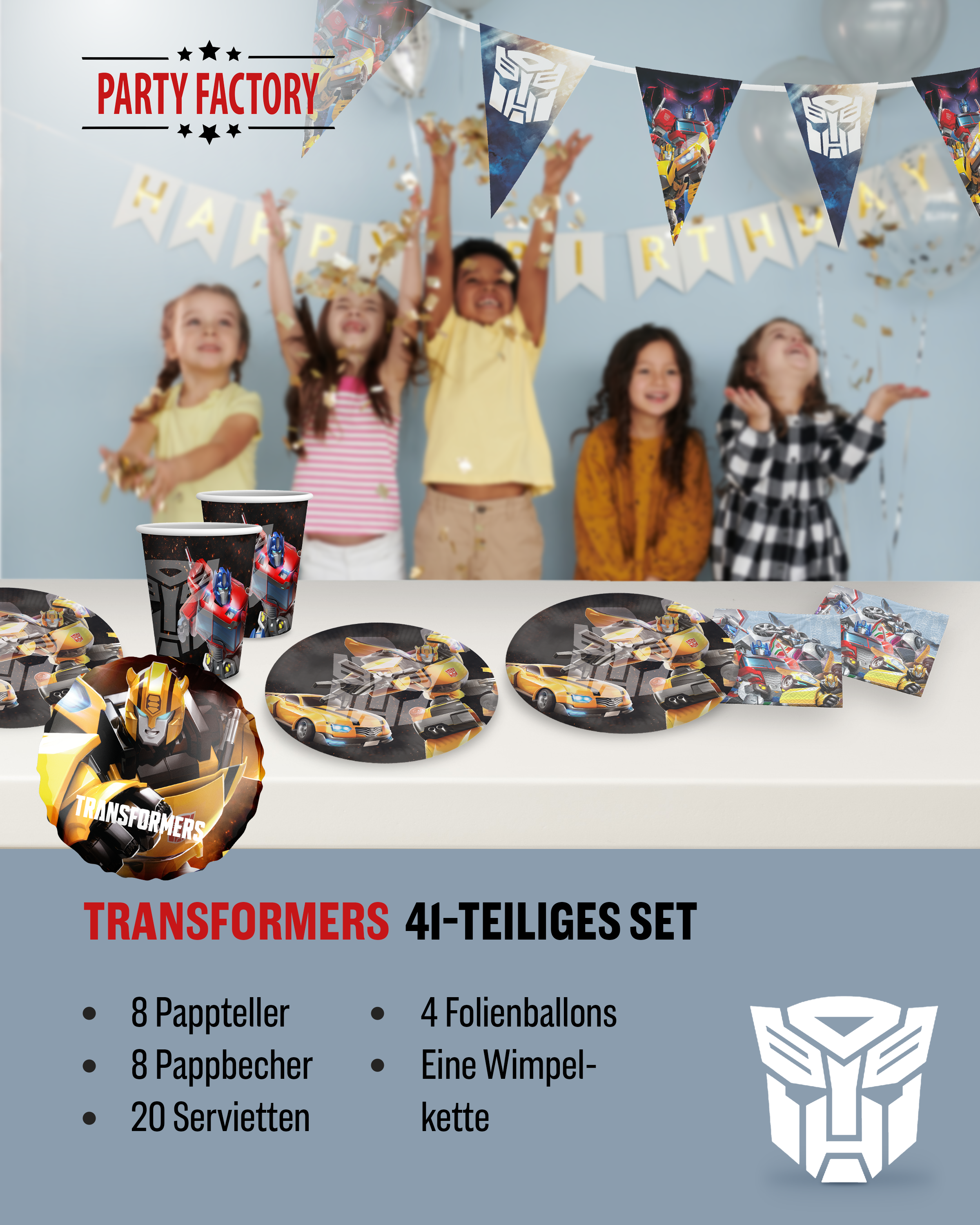 Transformers Party Set 41tlg mit Wimpel Ballons Tellern Bechern Servietten 2