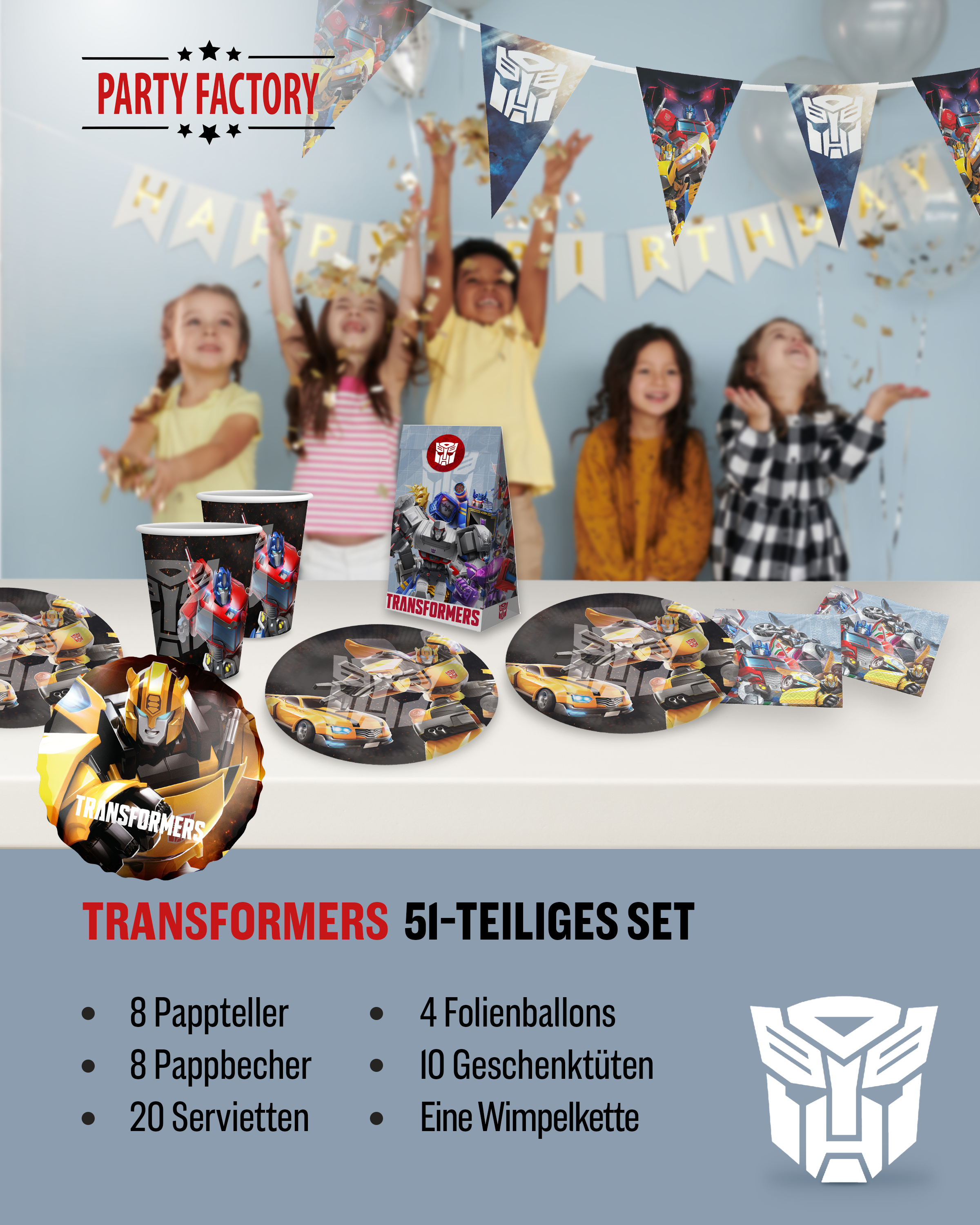 Transformers Party Set 51tlg Wimpel Ballons Tüten Tellern Bechern Servietten 2