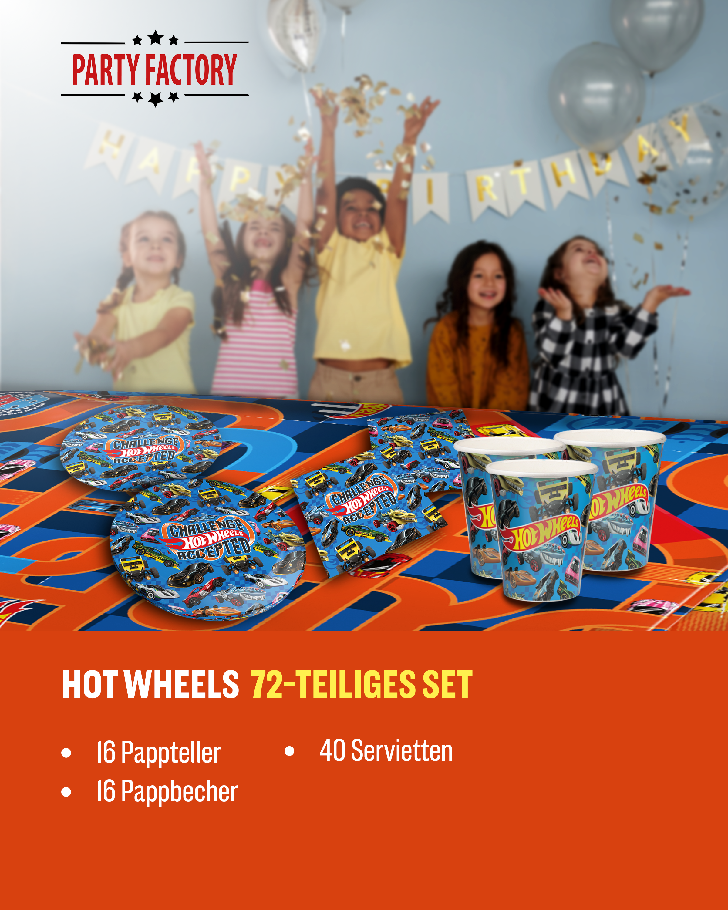 Hot Wheels 72-tlg. Party Set – Geburtstag Deko mit Bechern Tellern Servietten 2