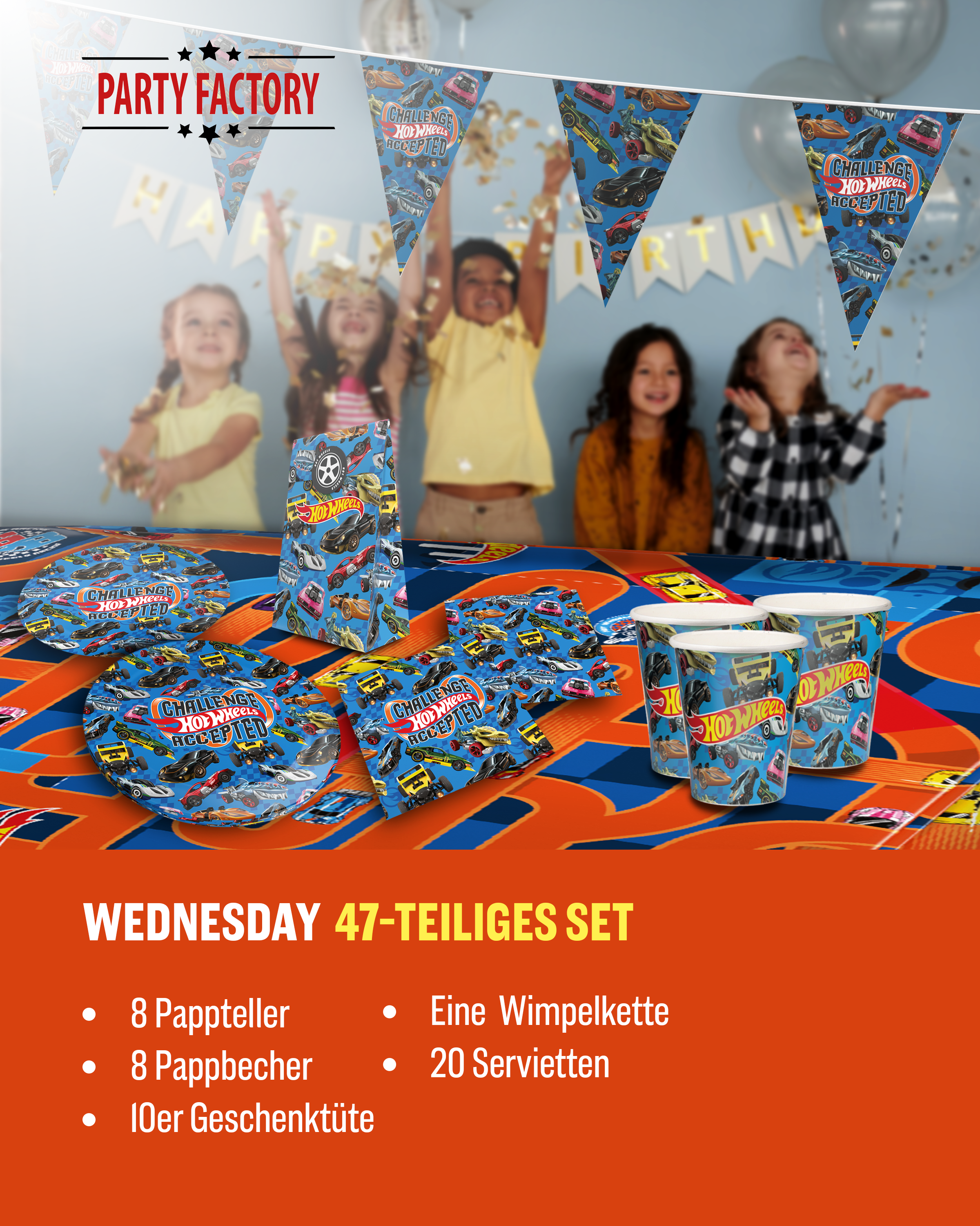 Hot Wheels 47-tlg. Party Set – Geburtstag Deko mit Bechern Tellern Tüten 2