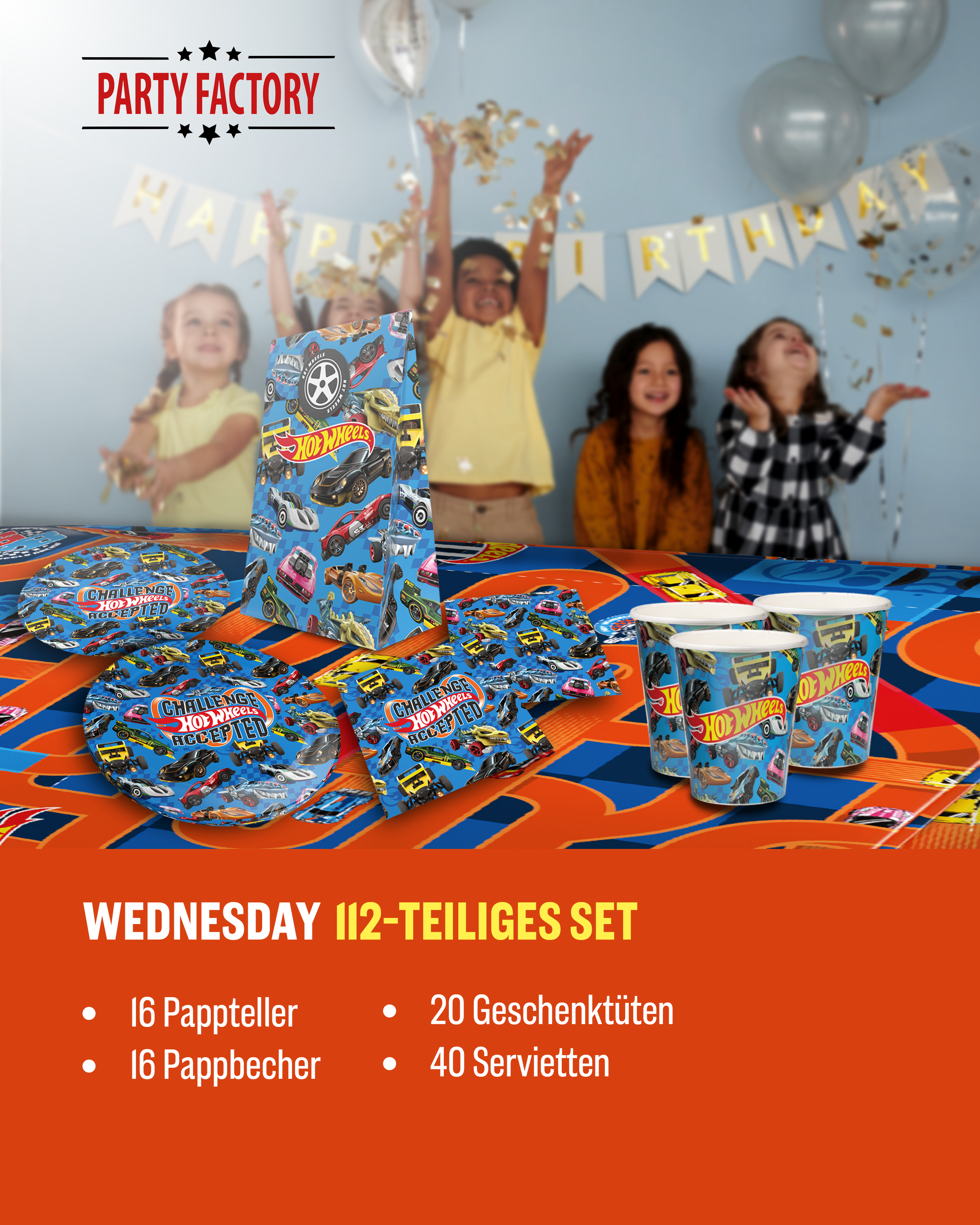 Hot Wheels 92-tlg. Party Set – Geburtstag Deko mit Bechern Tellern Tüten 2