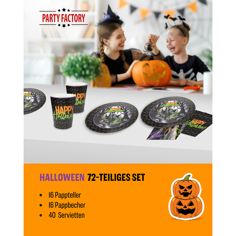 Halloween Neon Motiv 1 3-teiliges Party-Set mit 16 Papptellern, 16 Pappbechern und 40 Servietten 3