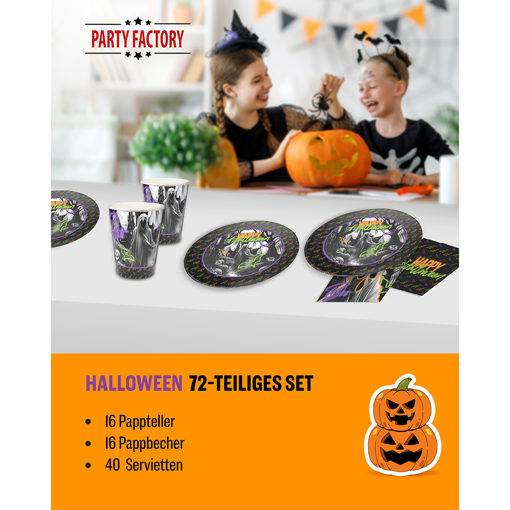 Halloween Neon Motiv 2 3-teiliges Party-Set mit 16 Papptellern, 16 Pappbechern und 40 Servietten 2