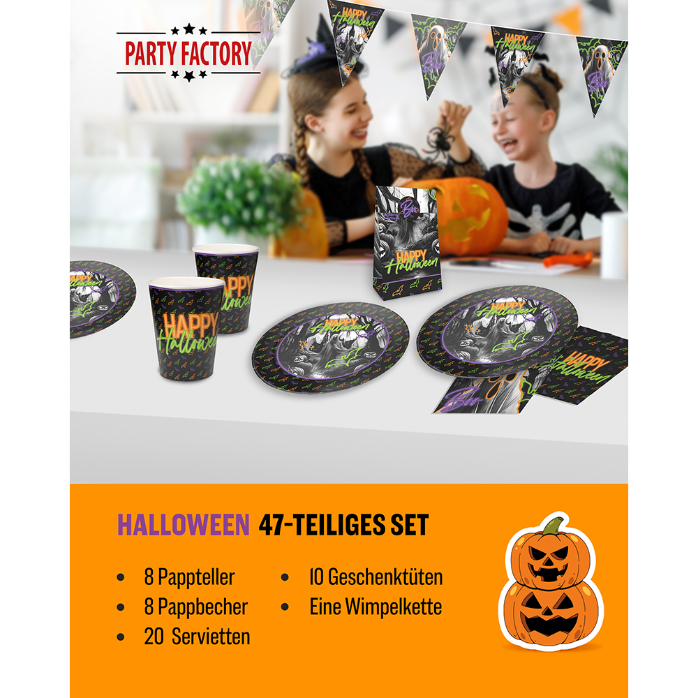 Halloween Neon Motiv 1 5-teiliges Party-Set mit 8 Papptellern, 8 Pappbechern, 20 Servietten, 1 Wimpelkette und 10 Geschenktüten 2