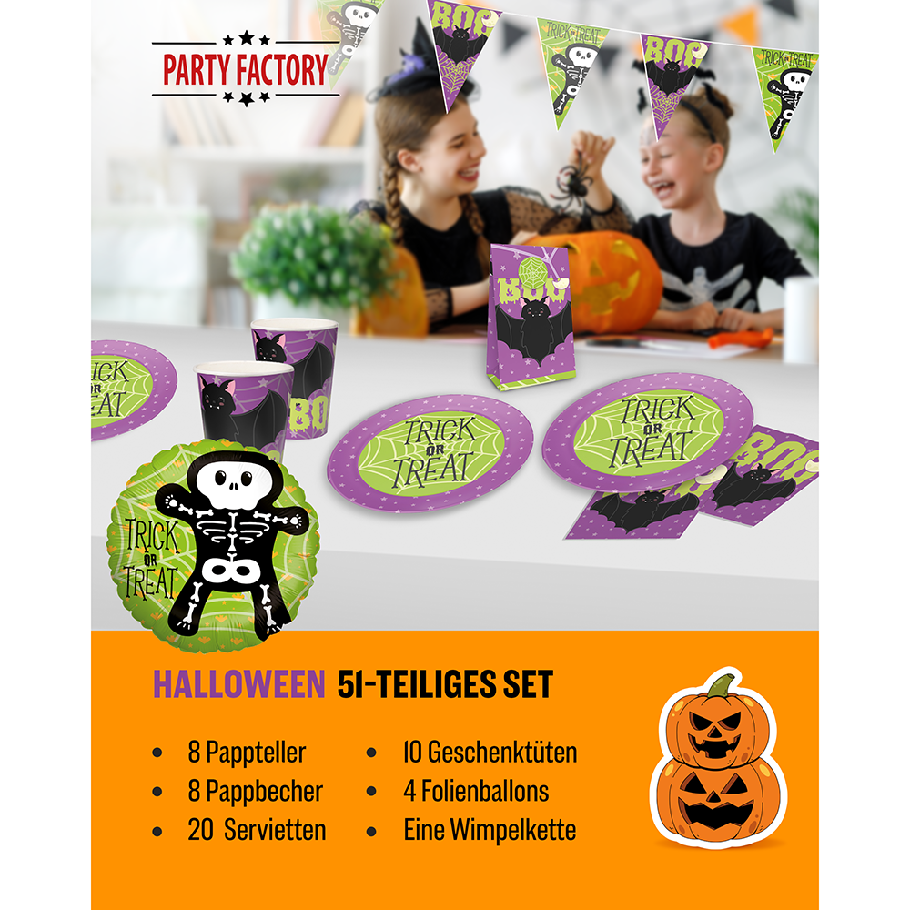 Halloween Skelett Motiv 2, 6-teiliges Partyset, 8 Pappteller, 8 Pappbecher, 20 Servietten, 1 Wimpelkette, 10 Geschenktüten, 4 Folienballons 2