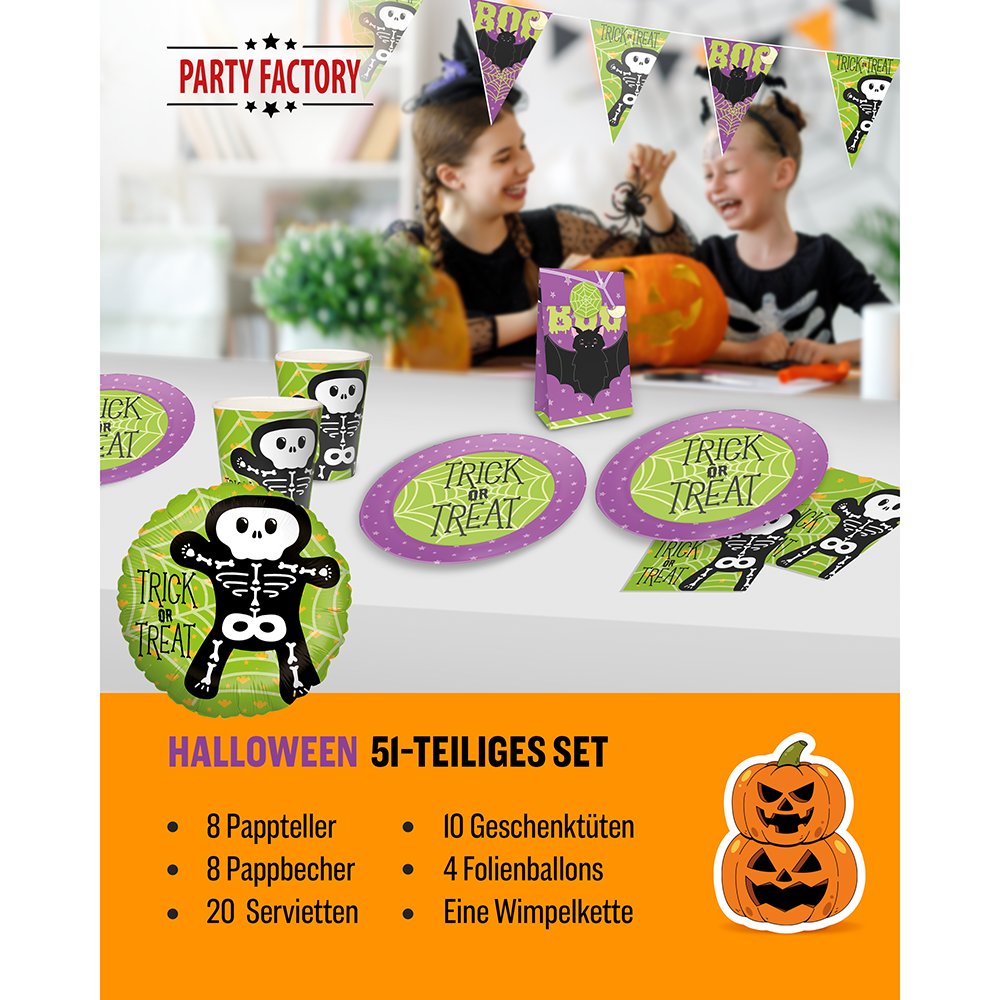 Halloween Skelett Motiv 1, 6-teiliges Partyset, 8 Pappteller, 8 Pappbecher, 20 Servietten, 1 Wimpelkette, 10 Geschenktüten, 4 Folienballons 2