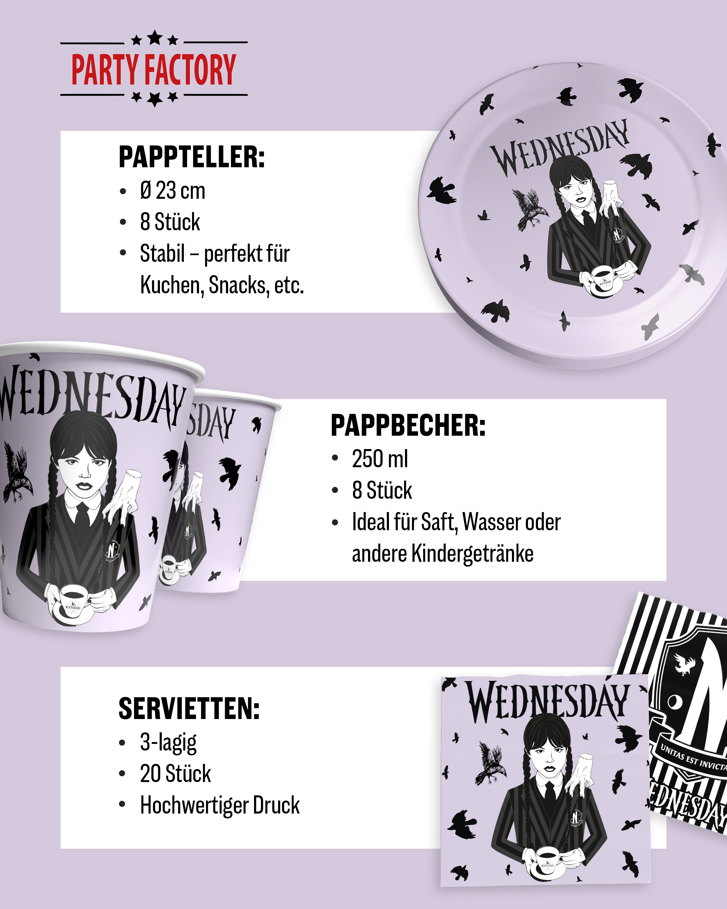 Wednesday Partyset 47-tlg – Becher, Teller, Servietten, Wimpel, 10 Folienballons 5