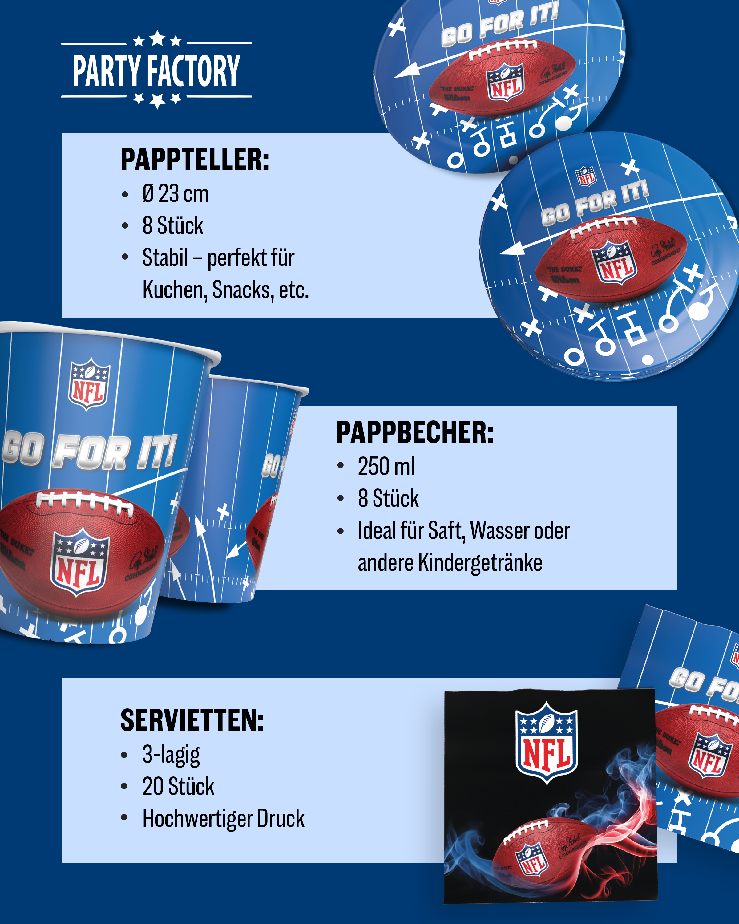 NFL Party Set Blau 37tlg mit Ballons Teller Becher Servietten Wimpel 4