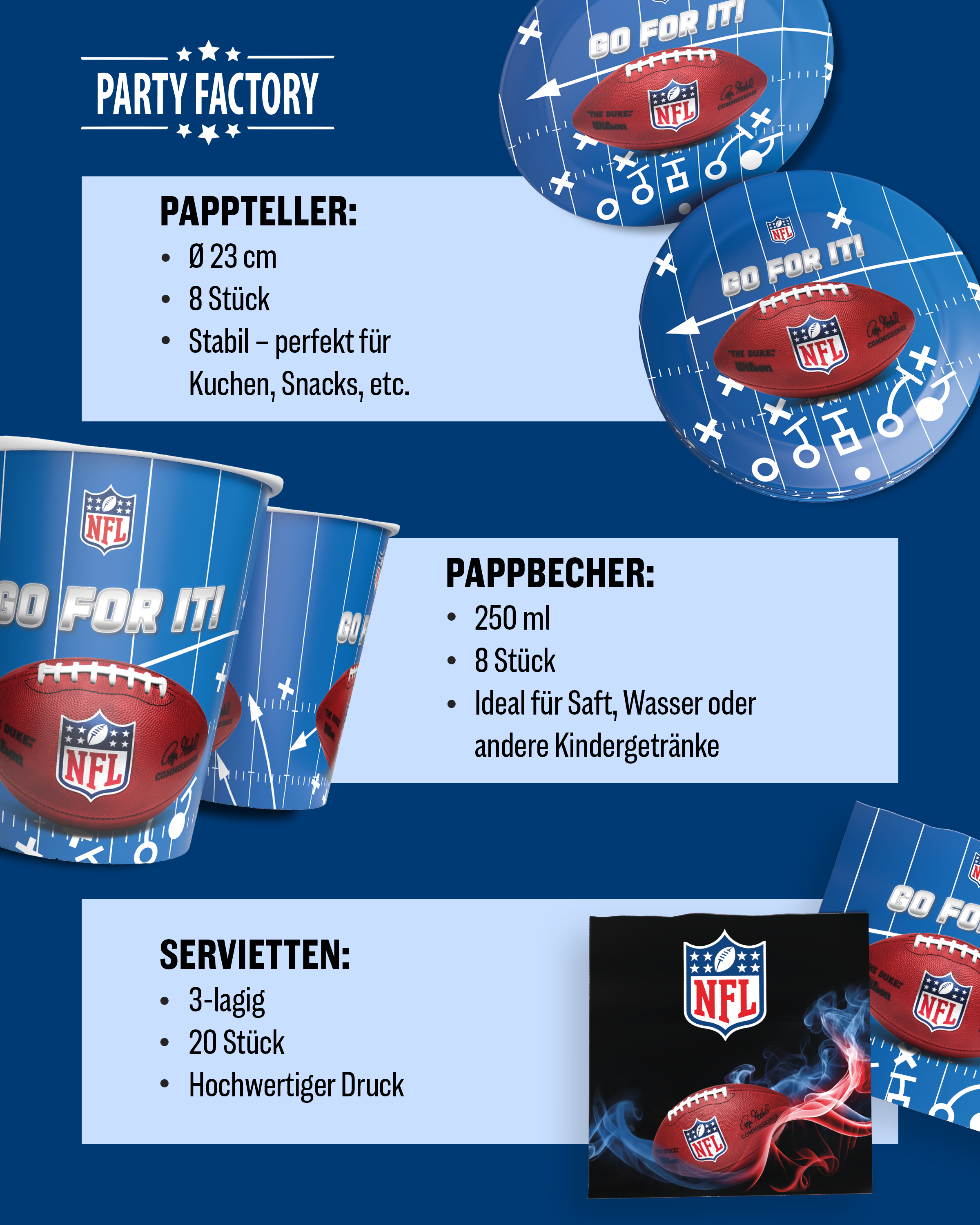 NFL Party Set Blau 34tlg mit Tellern Bechern Servietten Wimpelkette Decke 4