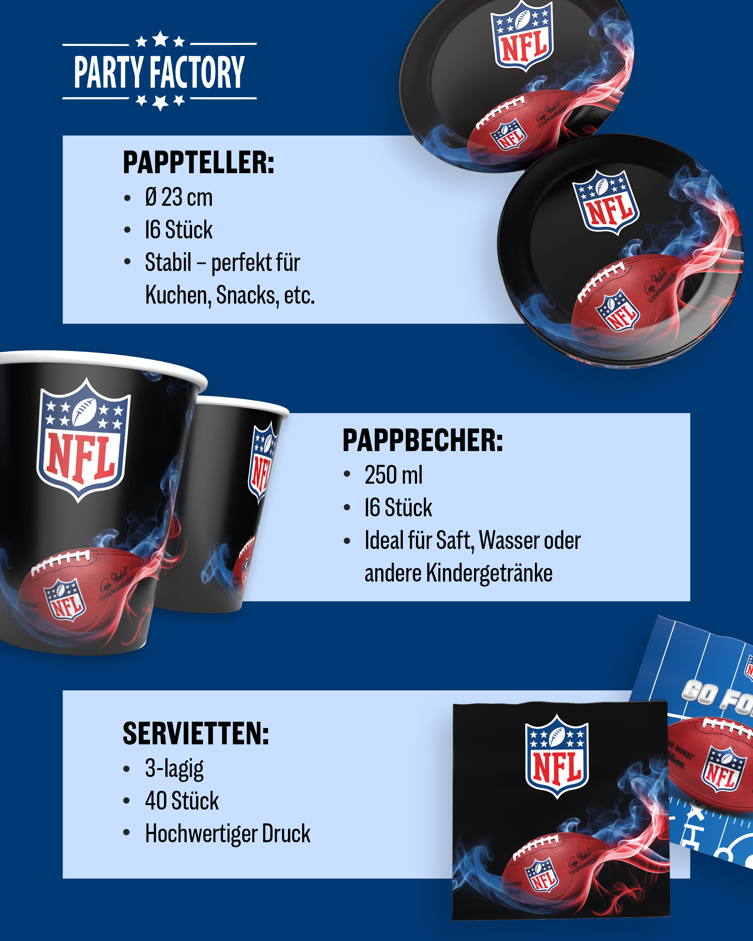 NFL Party Set Schwarz 64tlg mit 12 Tellern 12 Bechern und 40 Servietten 4