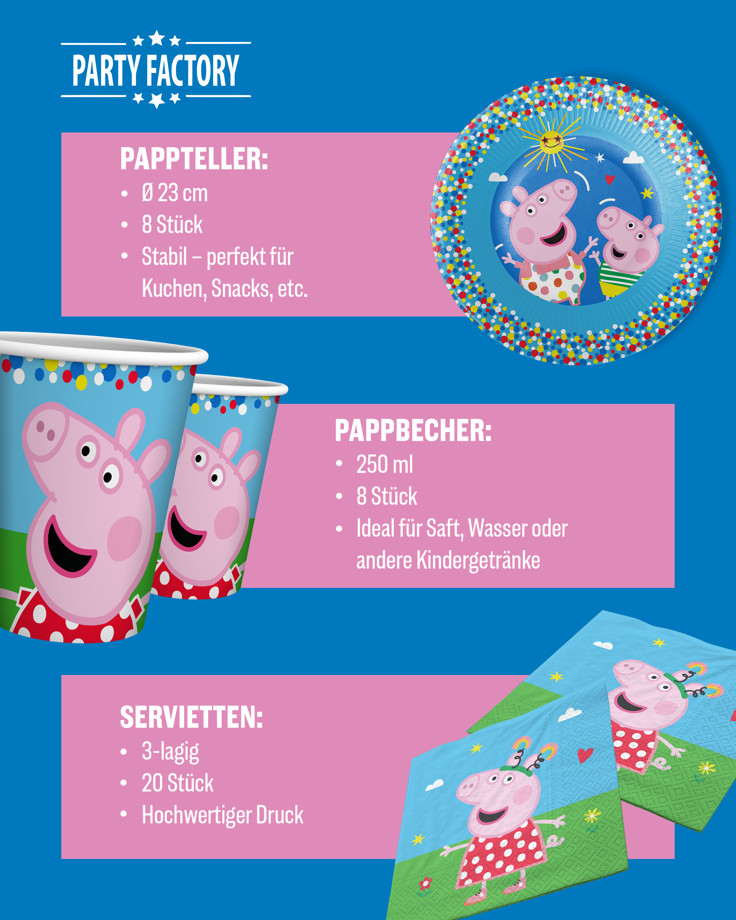 Peppa Pig Party Set 51tlg Wimpel Ballons Tellern Bechern Servietten Tüten 4