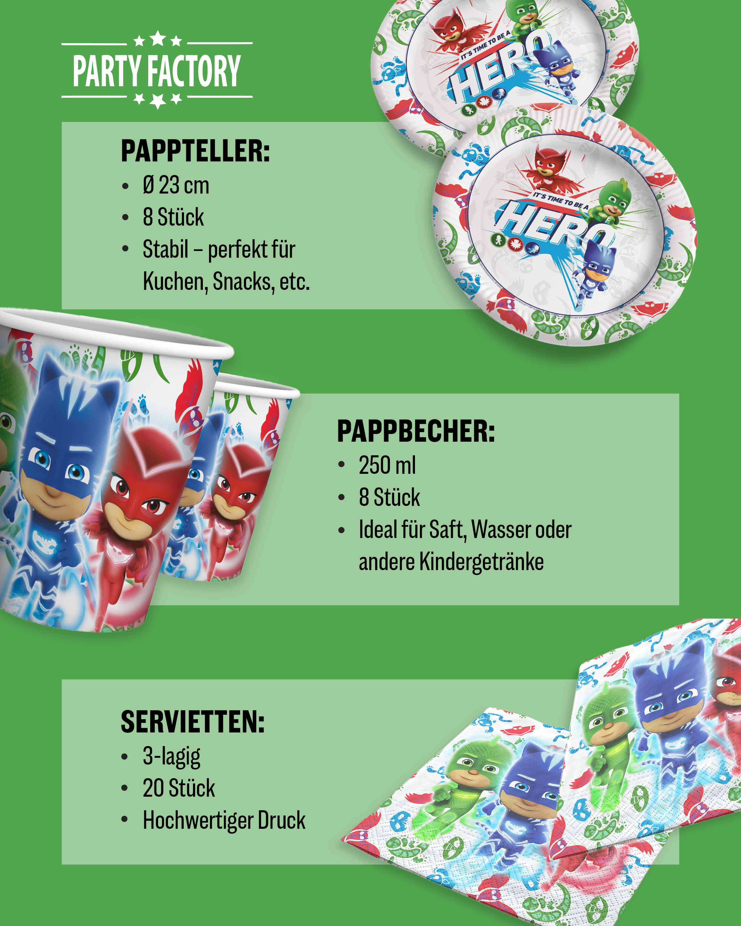 PJ Masks Party Set 51tlg mit Ballons Geschenktüten Becher Teller Geschirr 4