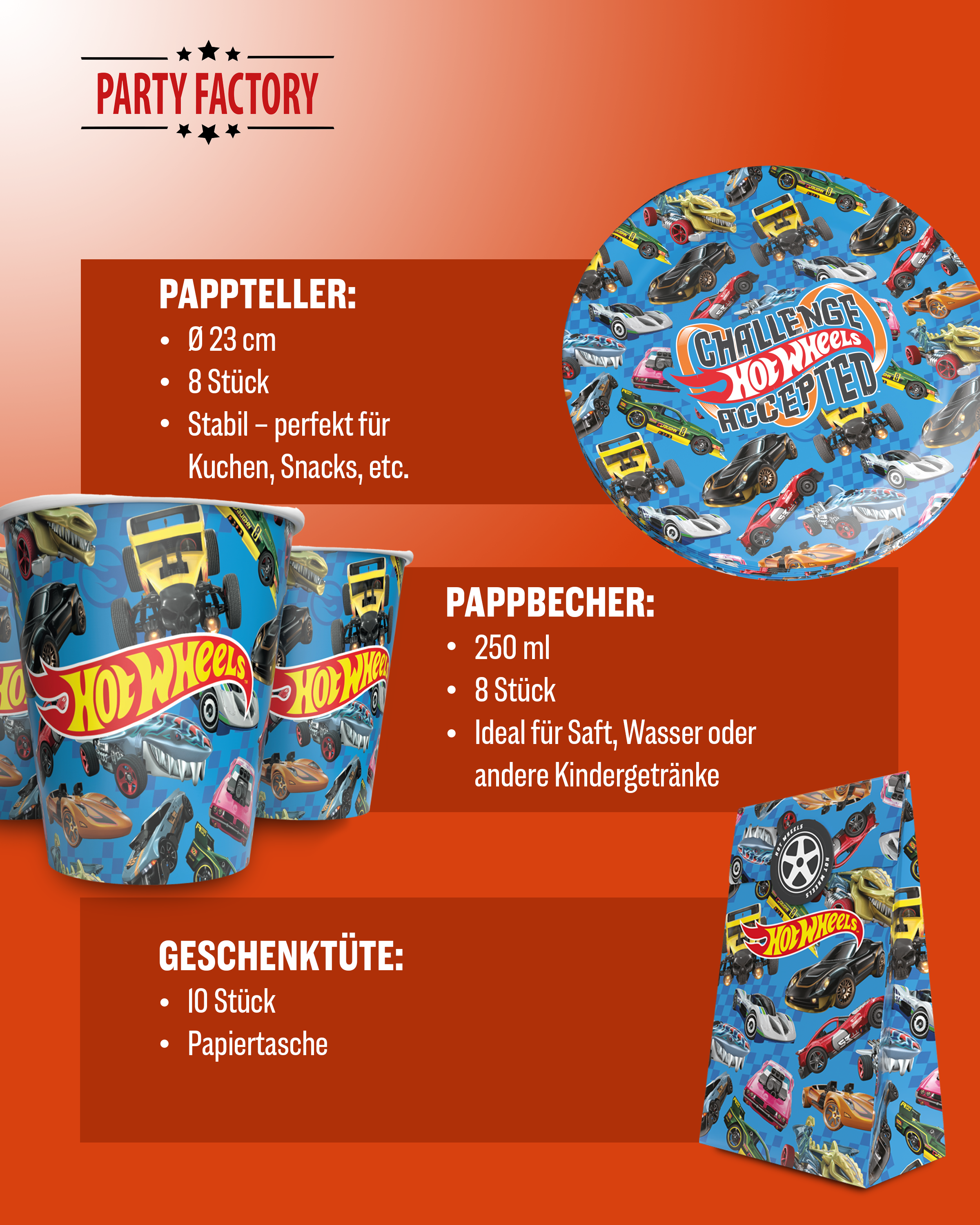 Hot Wheels 47-tlg. Party Set – Geburtstag Deko mit Bechern Tellern Tüten 4