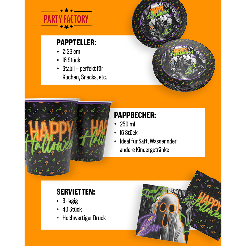 Halloween Neon Motiv 1 3-teiliges Party-Set mit 16 Papptellern, 16 Pappbechern und 40 Servietten 5