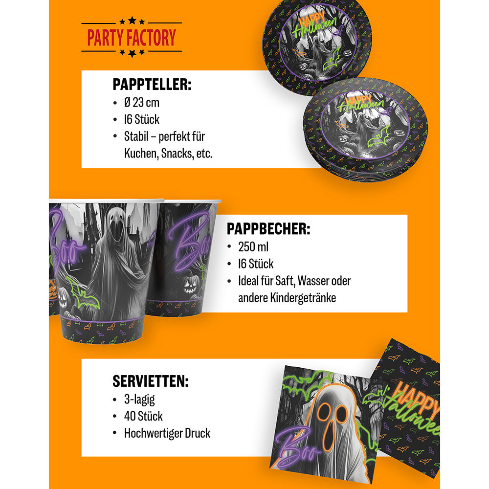Halloween Neon Motiv 2 3-teiliges Party-Set mit 16 Papptellern, 16 Pappbechern und 40 Servietten 4