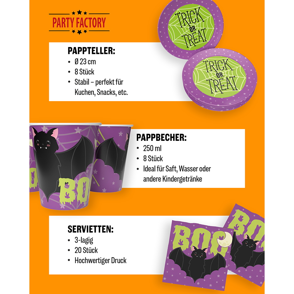 Halloween Skelett Motiv 2, 6-teiliges Partyset, 8 Pappteller, 8 Pappbecher, 20 Servietten, 1 Wimpelkette, 10 Geschenktüten, 4 Folienballons 4