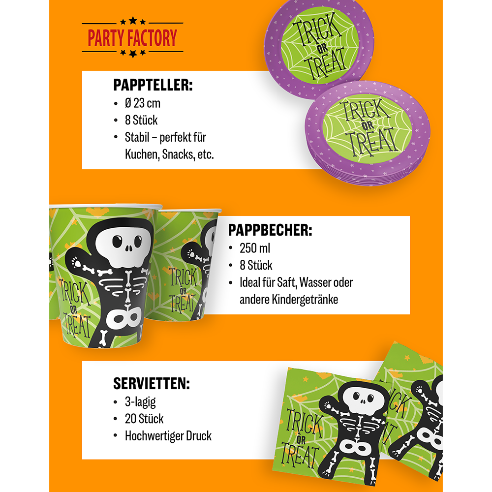 Halloween Skelett Motiv 1, 6-teiliges Partyset, 8 Pappteller, 8 Pappbecher, 20 Servietten, 1 Wimpelkette, 10 Geschenktüten, 4 Folienballons 4