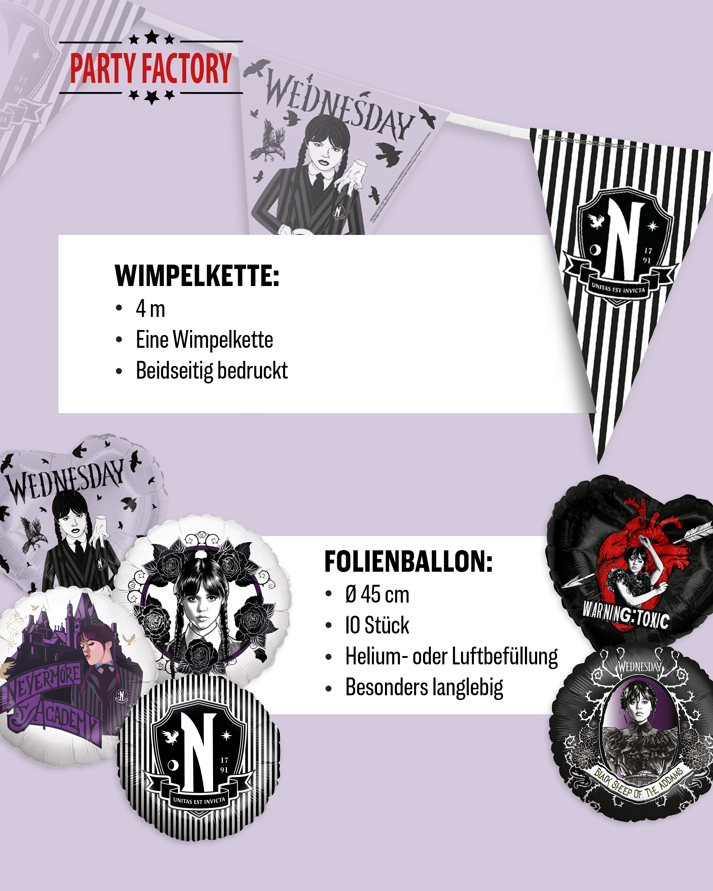 Wednesday Partyset 47-tlg – Becher, Teller, Servietten, Wimpel, 10 Folienballons 6