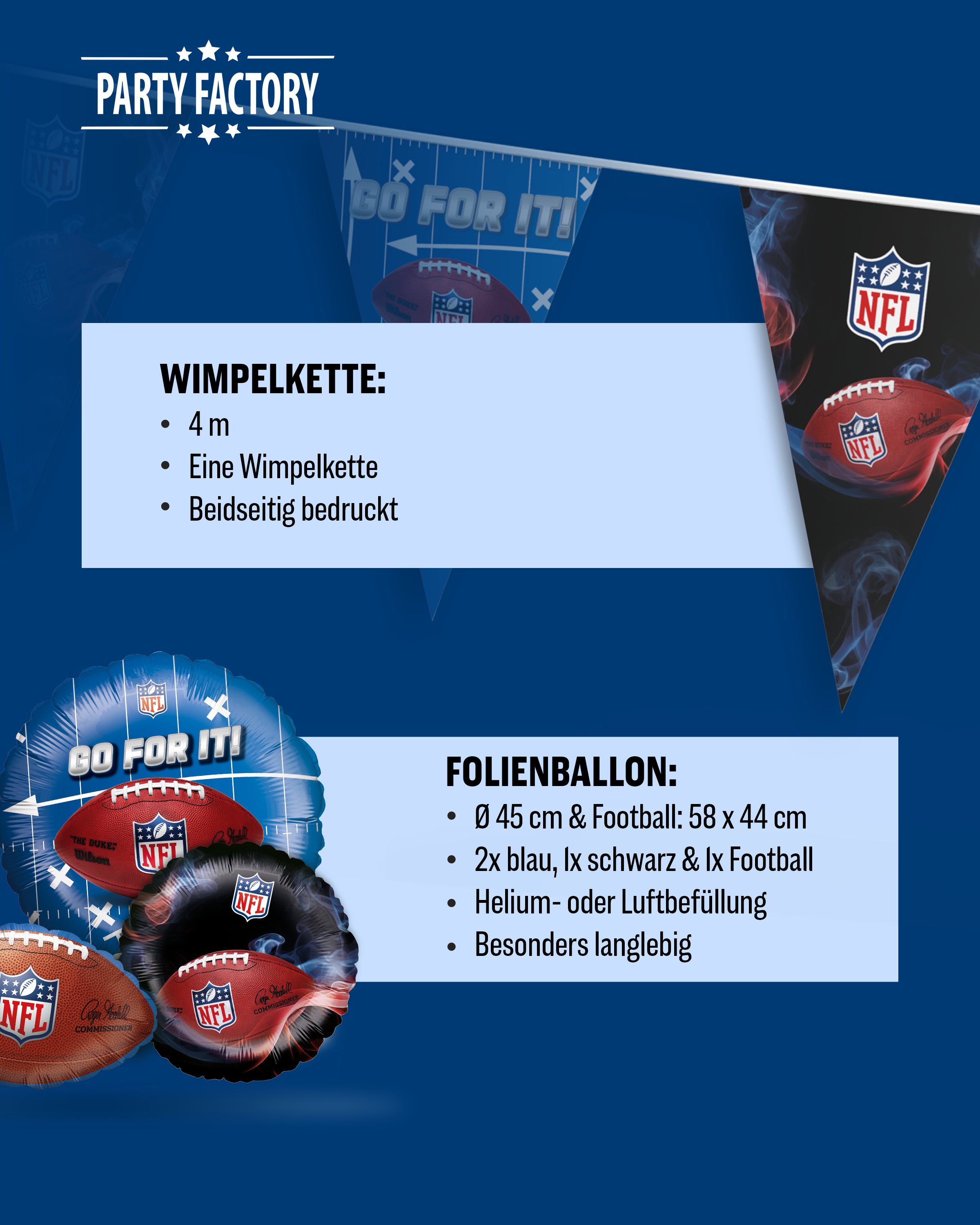 NFL Party Set Blau 37tlg mit Ballons Teller Becher Servietten Wimpel 5