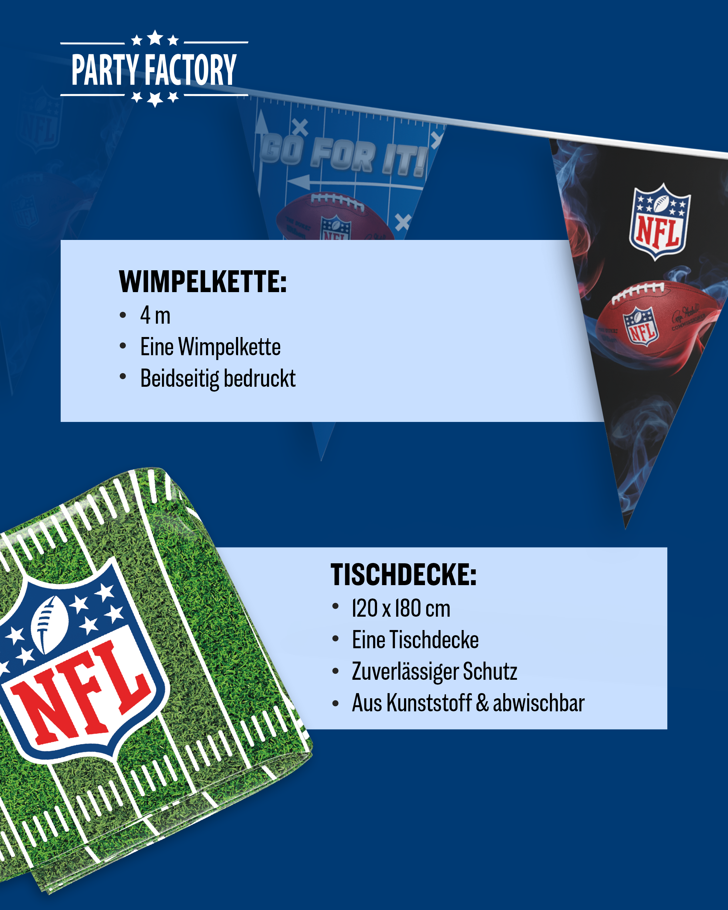 NFL Party Set Blau 34tlg mit Tellern Bechern Servietten Wimpelkette Decke 5