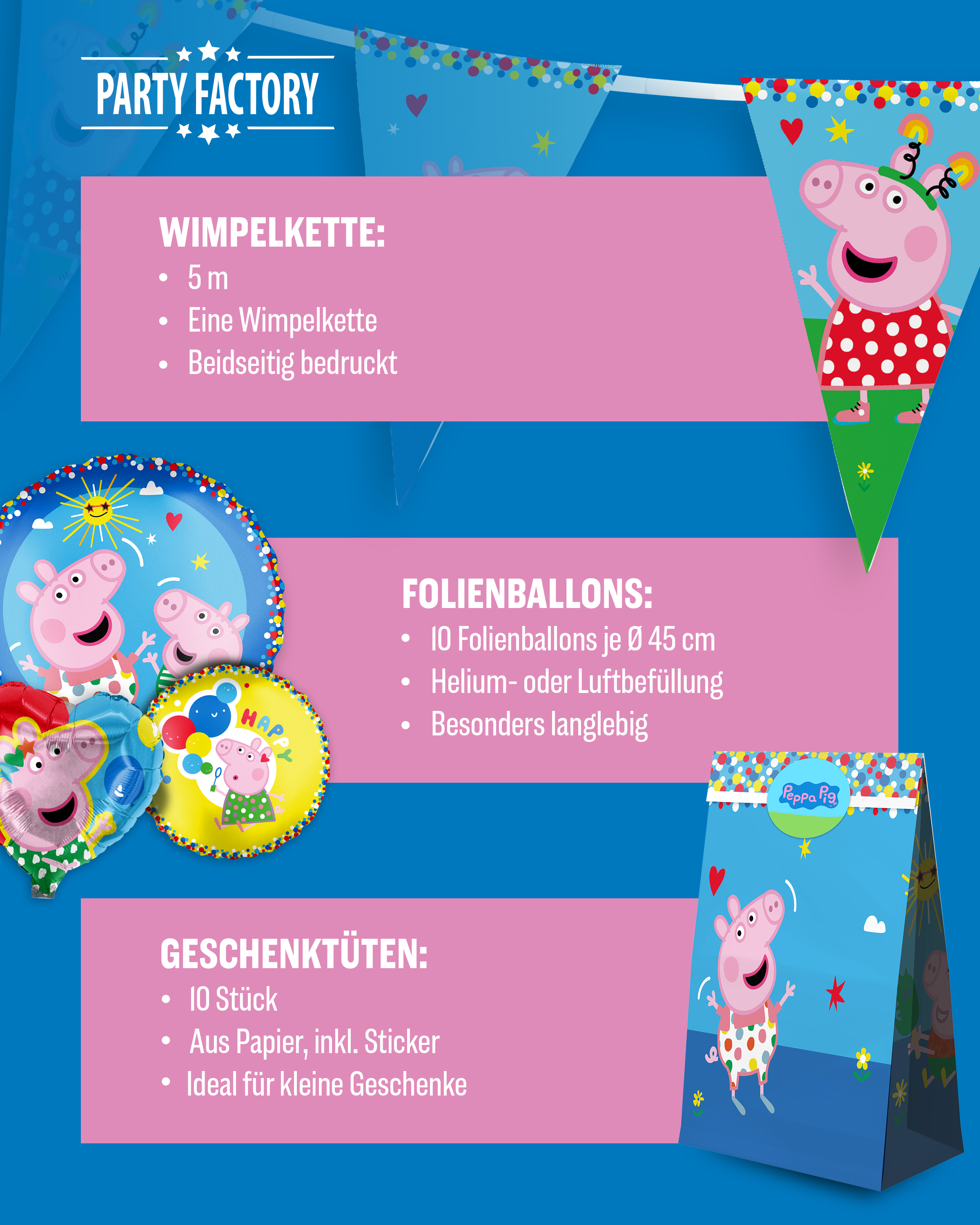 Peppa Pig Party Set 57tlg Wimpel Ballons Tellern Bechern Servietten Tüten 5