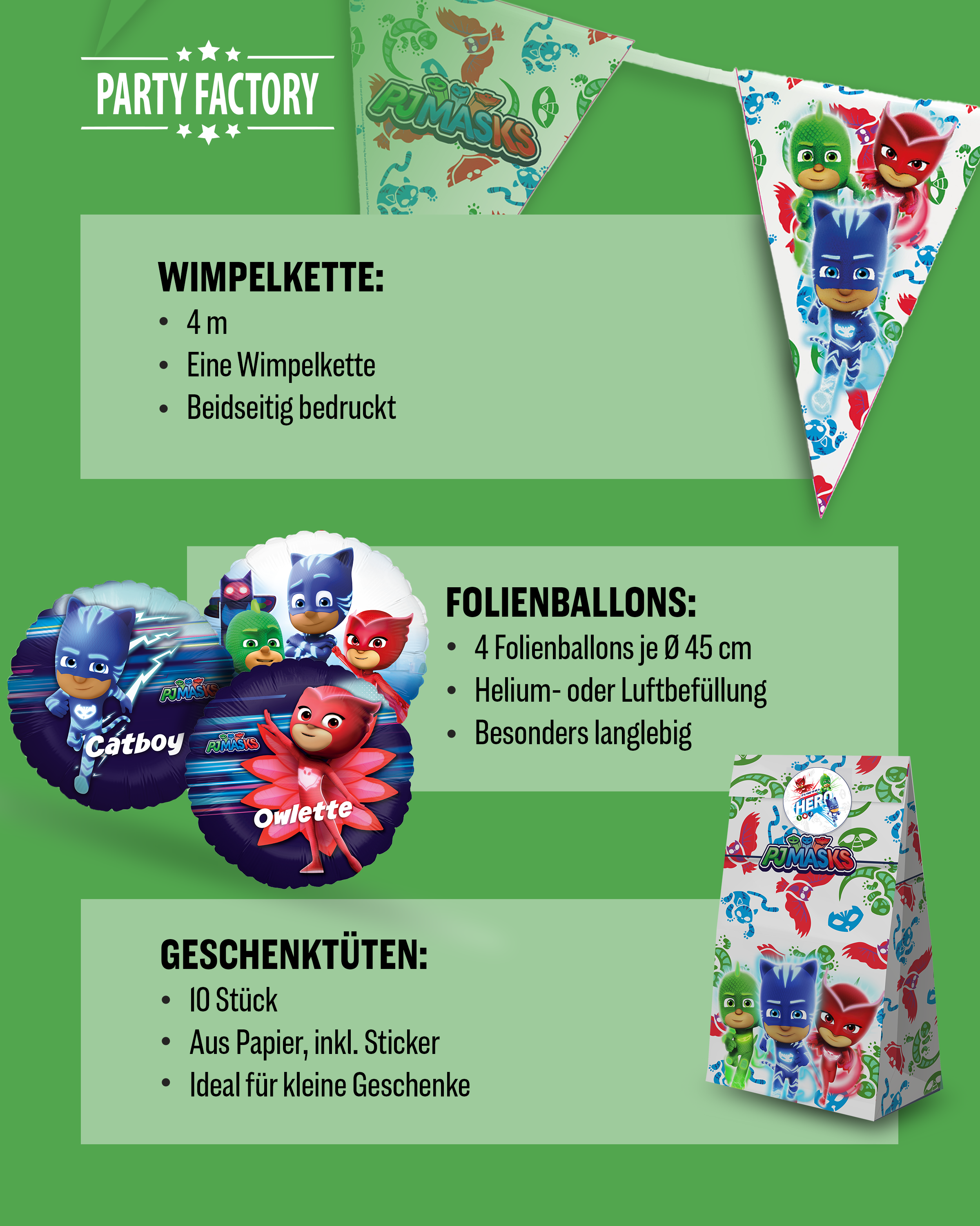 PJ Masks Party Set 51tlg mit Ballons Geschenktüten Becher Teller Geschirr 5