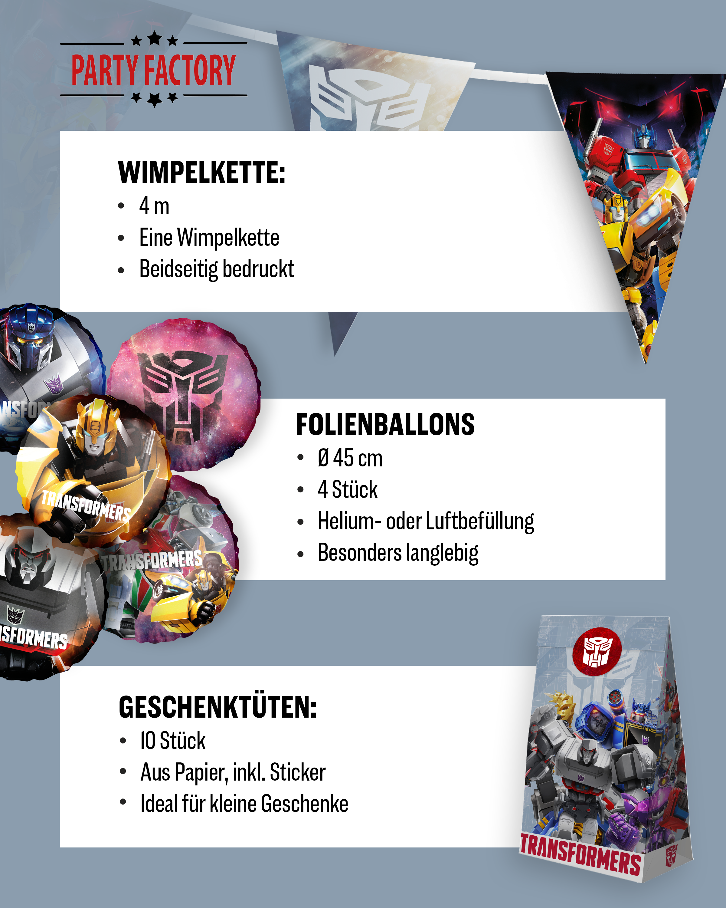 Transformers Party Set 51tlg Wimpel Ballons Tüten Tellern Bechern Servietten 5