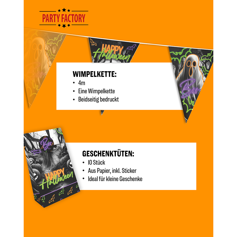 Halloween Neon Motiv 1 5-teiliges Party-Set mit 8 Papptellern, 8 Pappbechern, 20 Servietten, 1 Wimpelkette und 10 Geschenktüten 5