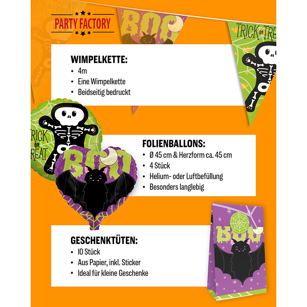 Halloween Skelett Motiv 1, 6-teiliges Partyset, 8 Pappteller, 8 Pappbecher, 20 Servietten, 1 Wimpelkette, 10 Geschenktüten, 4 Folienballons 5