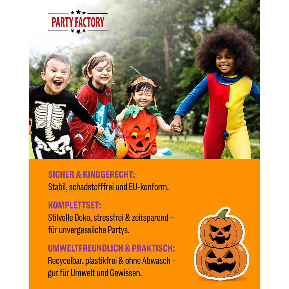 Halloween Skelett Motiv 1, 6-teiliges Partyset, 8 Pappteller, 8 Pappbecher, 20 Servietten, 1 Wimpelkette, 10 Geschenktüten, 4 Folienballons 6