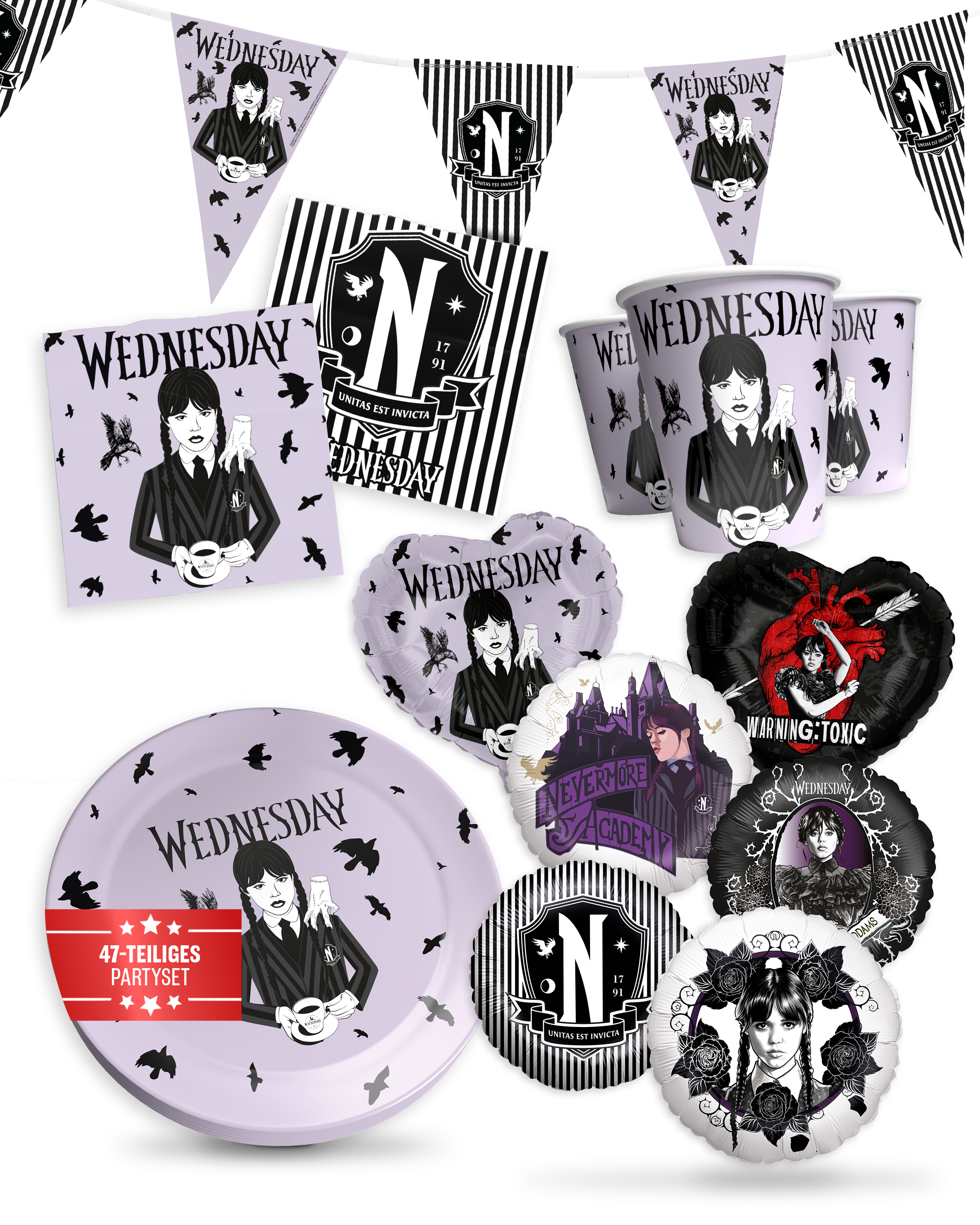 Wednesday Partyset 47-tlg – Becher, Teller, Servietten, Wimpel, 10 Folienballons