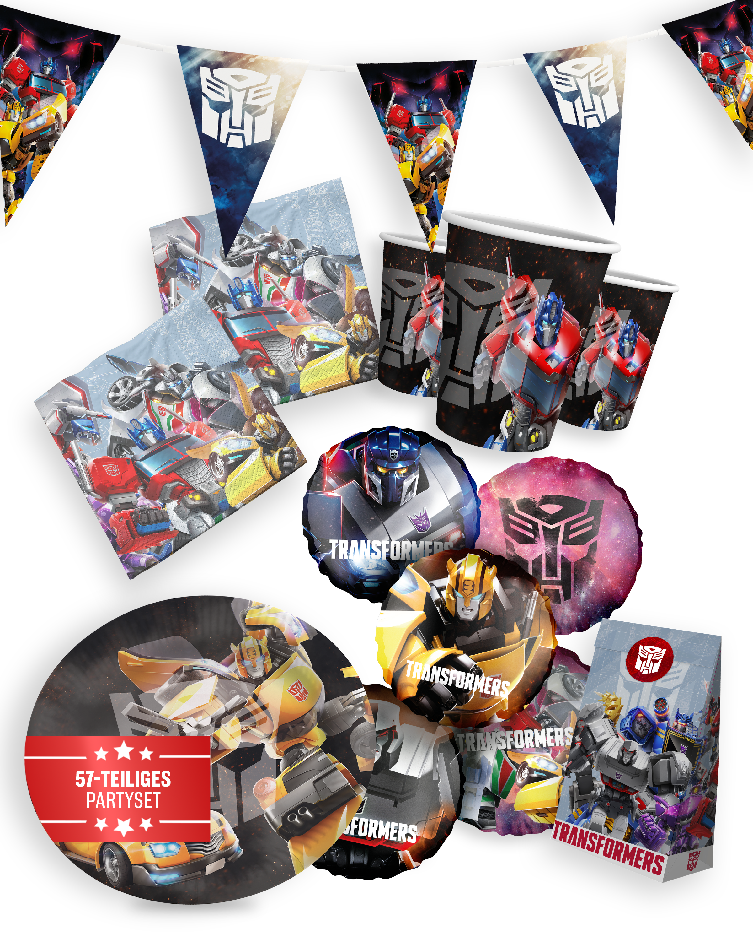Transformers Party Set 57tlg Ballons Wimpel Tüten Teller Becher Servietten