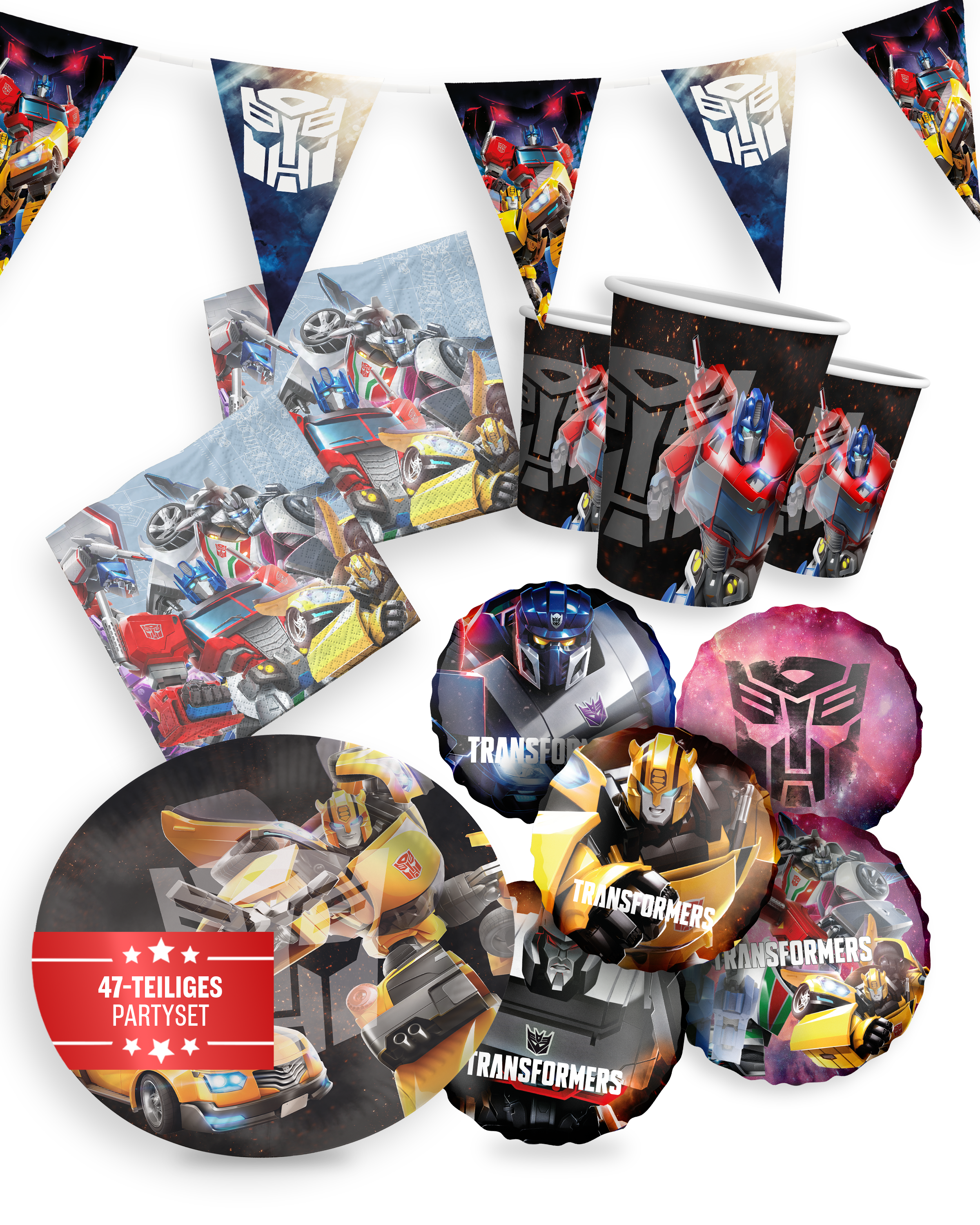 Transformers Party Set 47tlg mit Ballons Wimpel Tellern Bechern Servietten