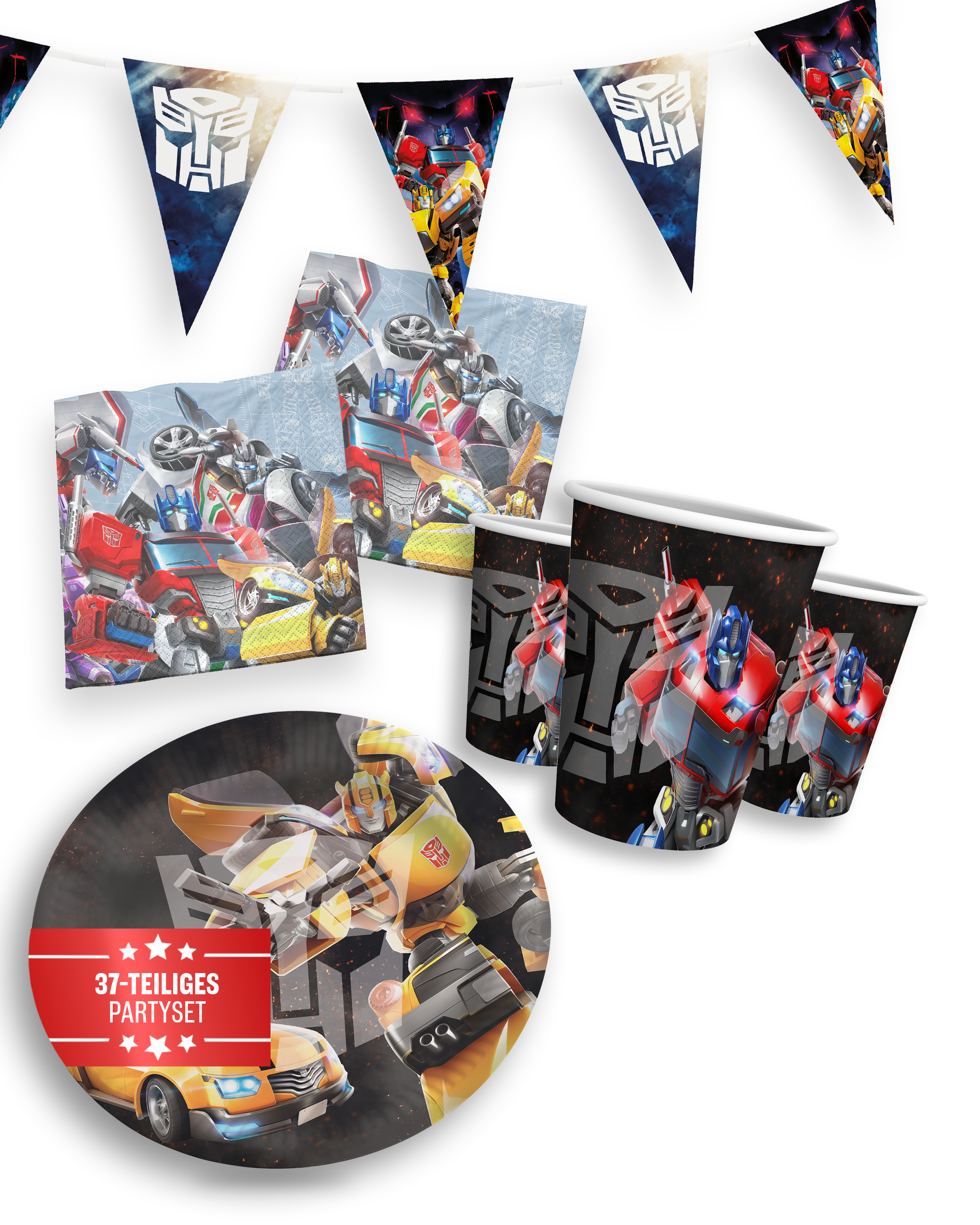 Transformers Party Set 37tlg mit Wimpelkette Tellern Bechern und Servietten
