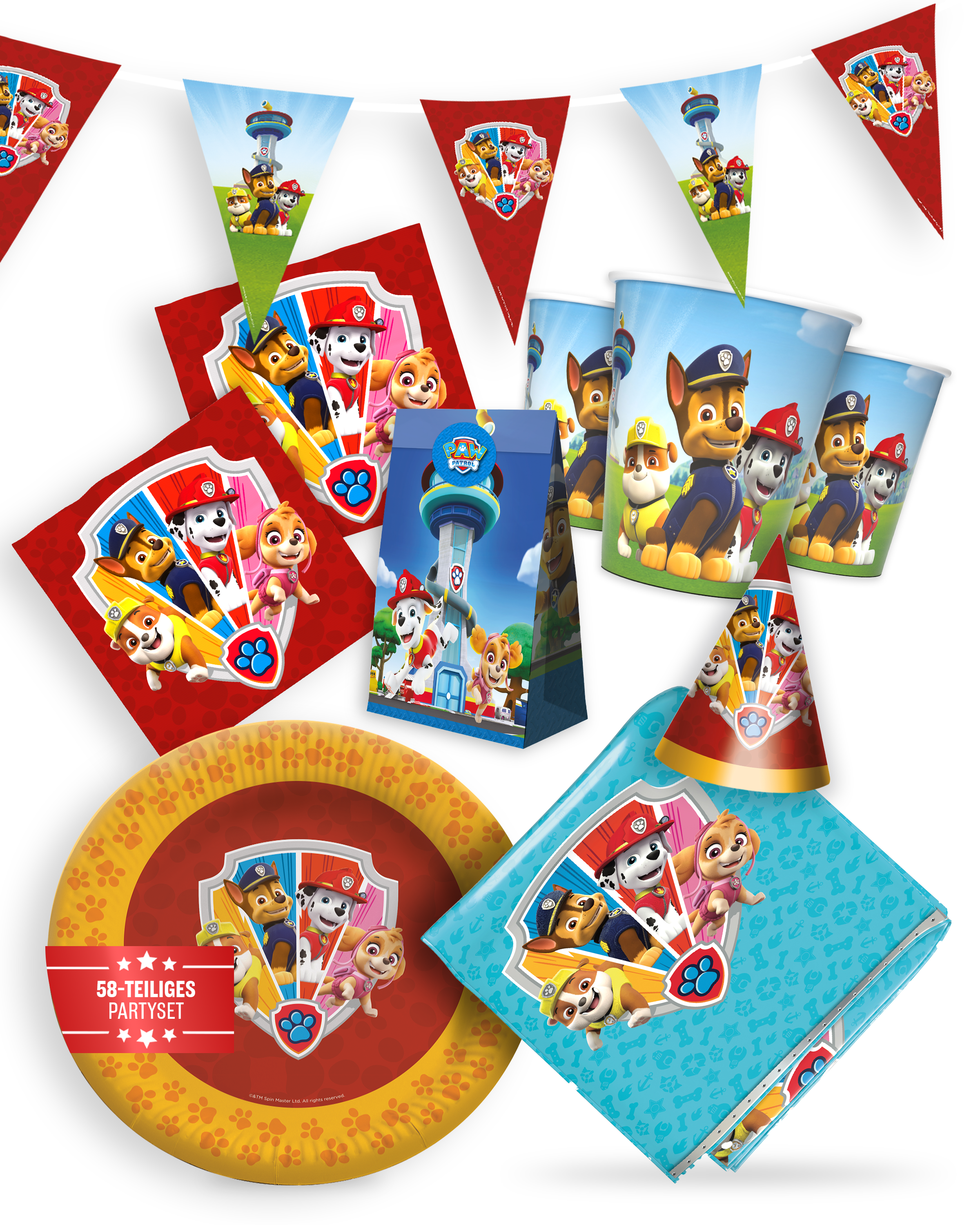 Paw Patrol Party Set 58tlg mit Tischdecke Partyhüten Geschenktüten Geschirr
