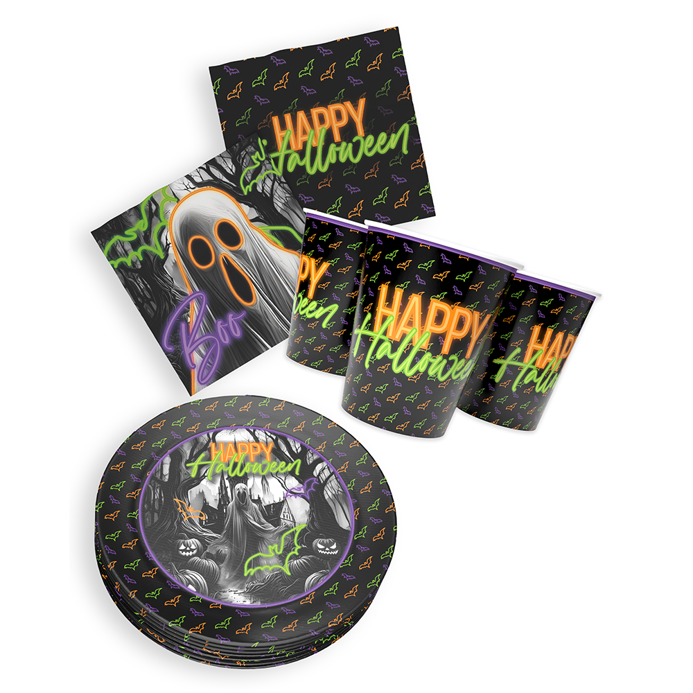 Halloween Neon Motiv 1 3-teiliges Party-Set mit 16 Papptellern, 16 Pappbechern und 40 Servietten 8