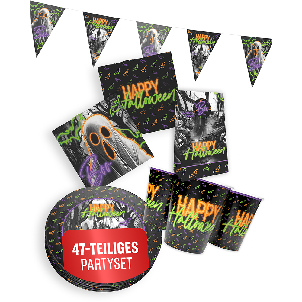 Halloween Neon Motiv 1 5-teiliges Party-Set mit 8 Papptellern, 8 Pappbechern, 20 Servietten, 1 Wimpelkette und 10 Geschenktüten 8