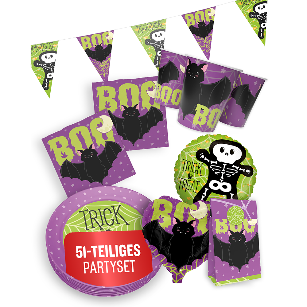 Halloween Skelett Motiv 2, 6-teiliges Partyset, 8 Pappteller, 8 Pappbecher, 20 Servietten, 1 Wimpelkette, 10 Geschenktüten, 4 Folienballons 8
