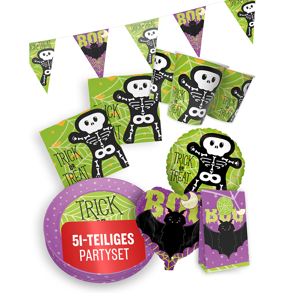 Halloween Skelett Motiv 1, 6-teiliges Partyset, 8 Pappteller, 8 Pappbecher, 20 Servietten, 1 Wimpelkette, 10 Geschenktüten, 4 Folienballons 8