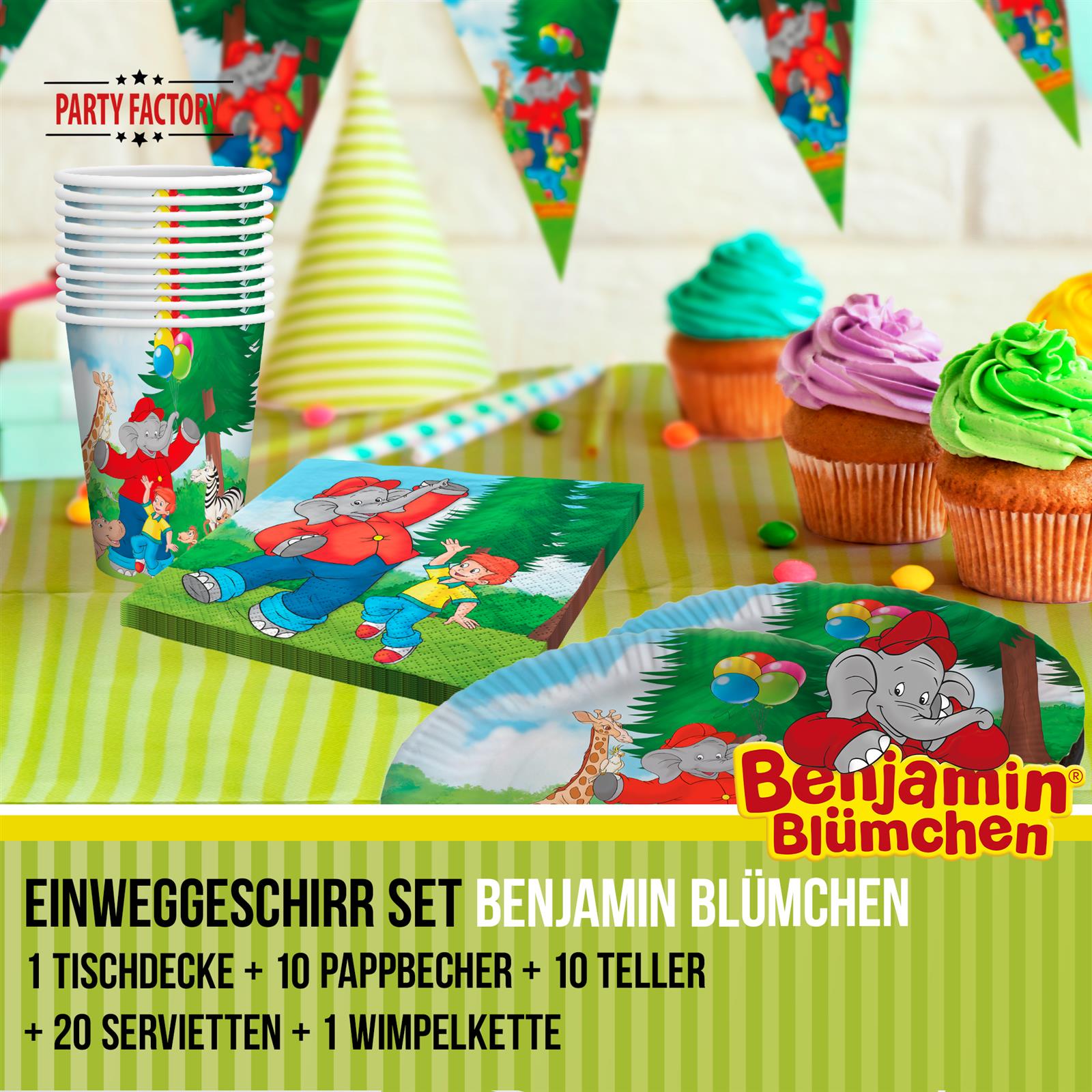 Benjamin Blümchen XL Party-Set 42-teilig Einweggeschirr mit Raumdeko 2