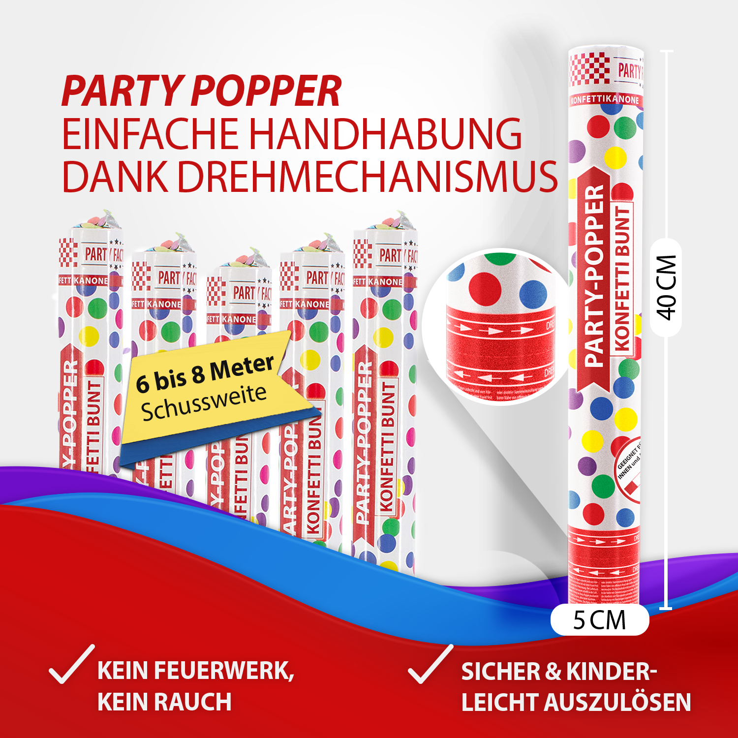 Party Popper 40cm, Farbregen, 5er Set 4