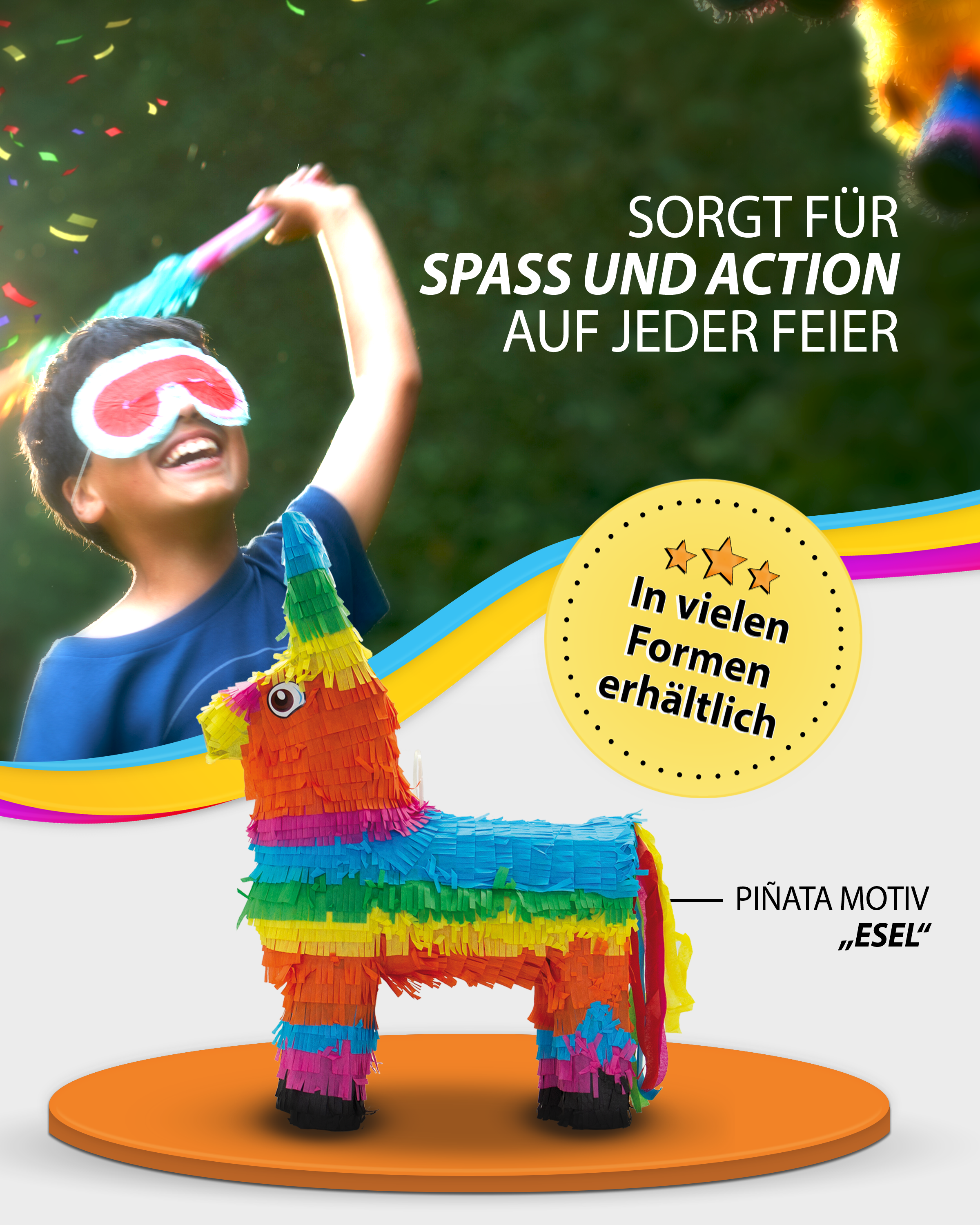 Pinata bunter Esel 41 x 55 cm Partyspiele Kinder Geburtstag Deko Geburtstagsdeko 4