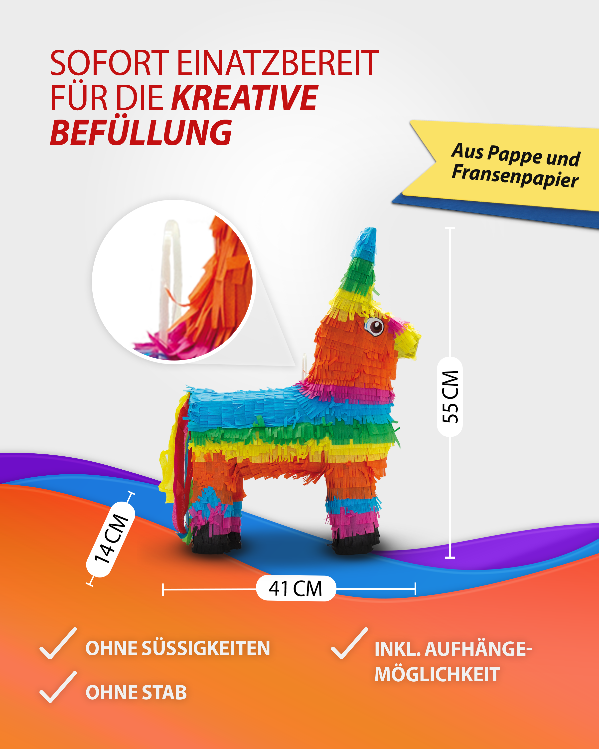 Pinata bunter Esel 41 x 55 cm Partyspiele Kinder Geburtstag Deko Geburtstagsdeko 5
