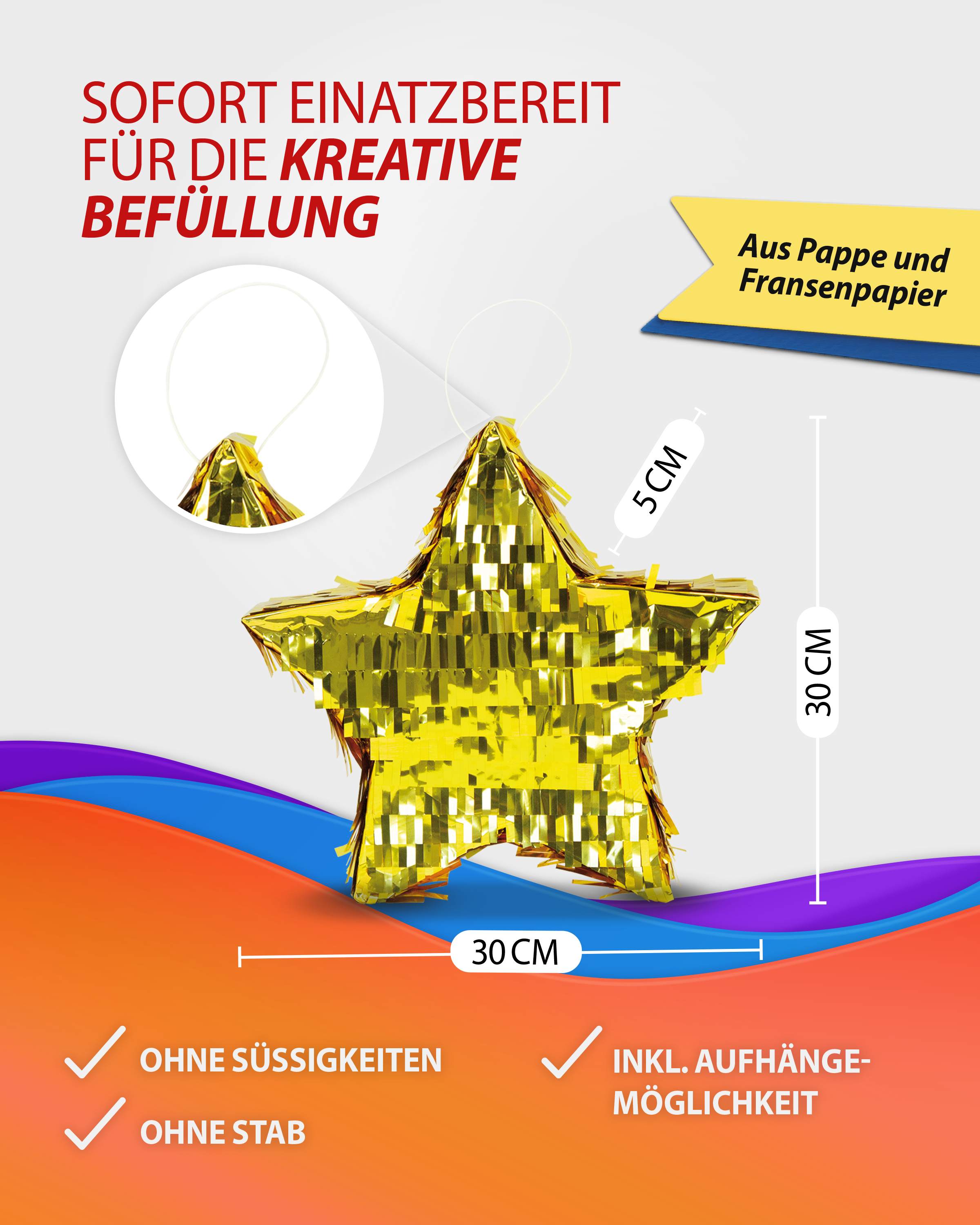 Pinata Stern in Gold 30 x 30 cm Partyspiele Kinder Geburtstag Deko Dekoration 5