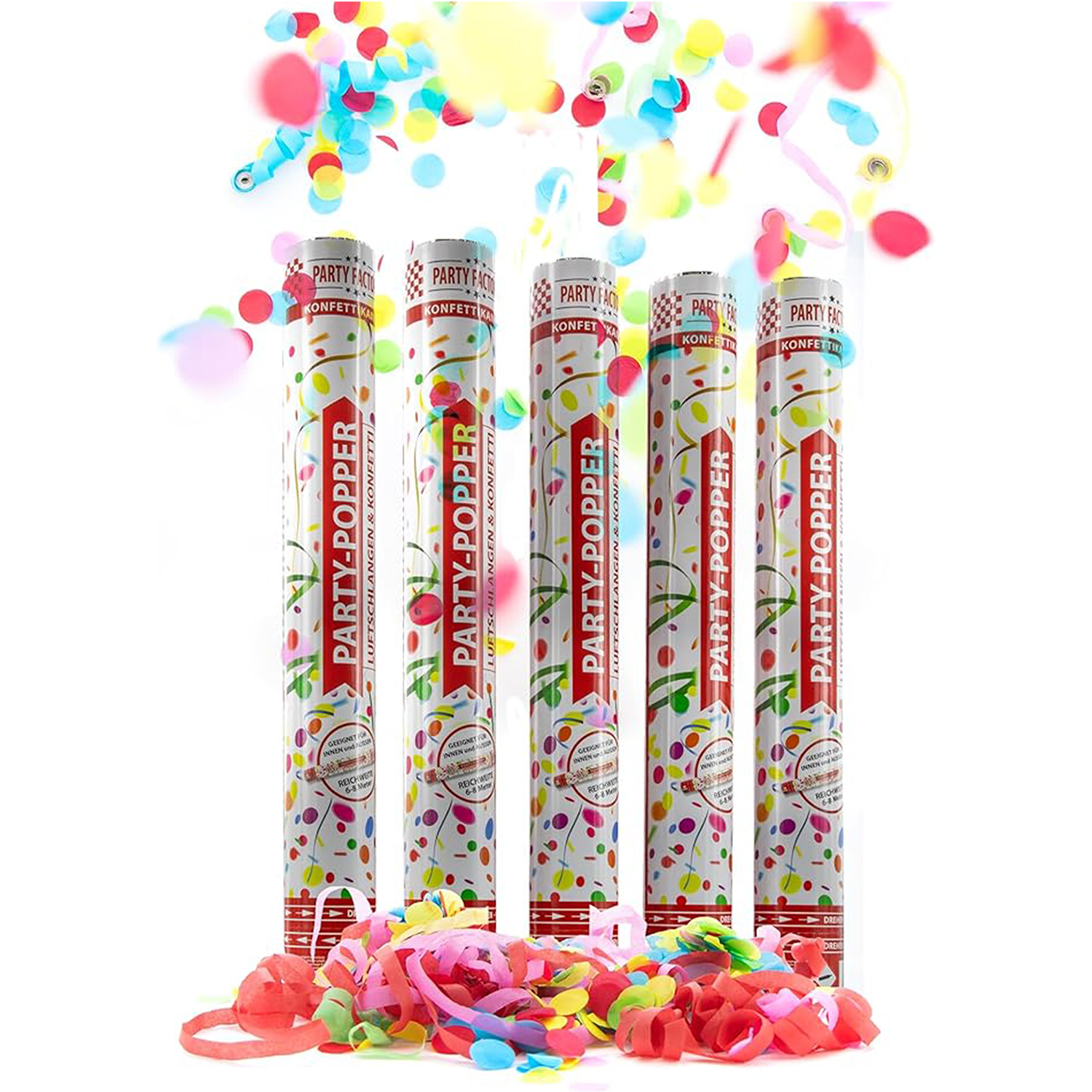 Party Factory 5er Set Party Popper, 40 cm, Bunte Luftschlangen und Konfetti, bis 8 m Effekthöhe, Konfettiregen für Geburtstag, Mottoparty oder Junggesellenabschied