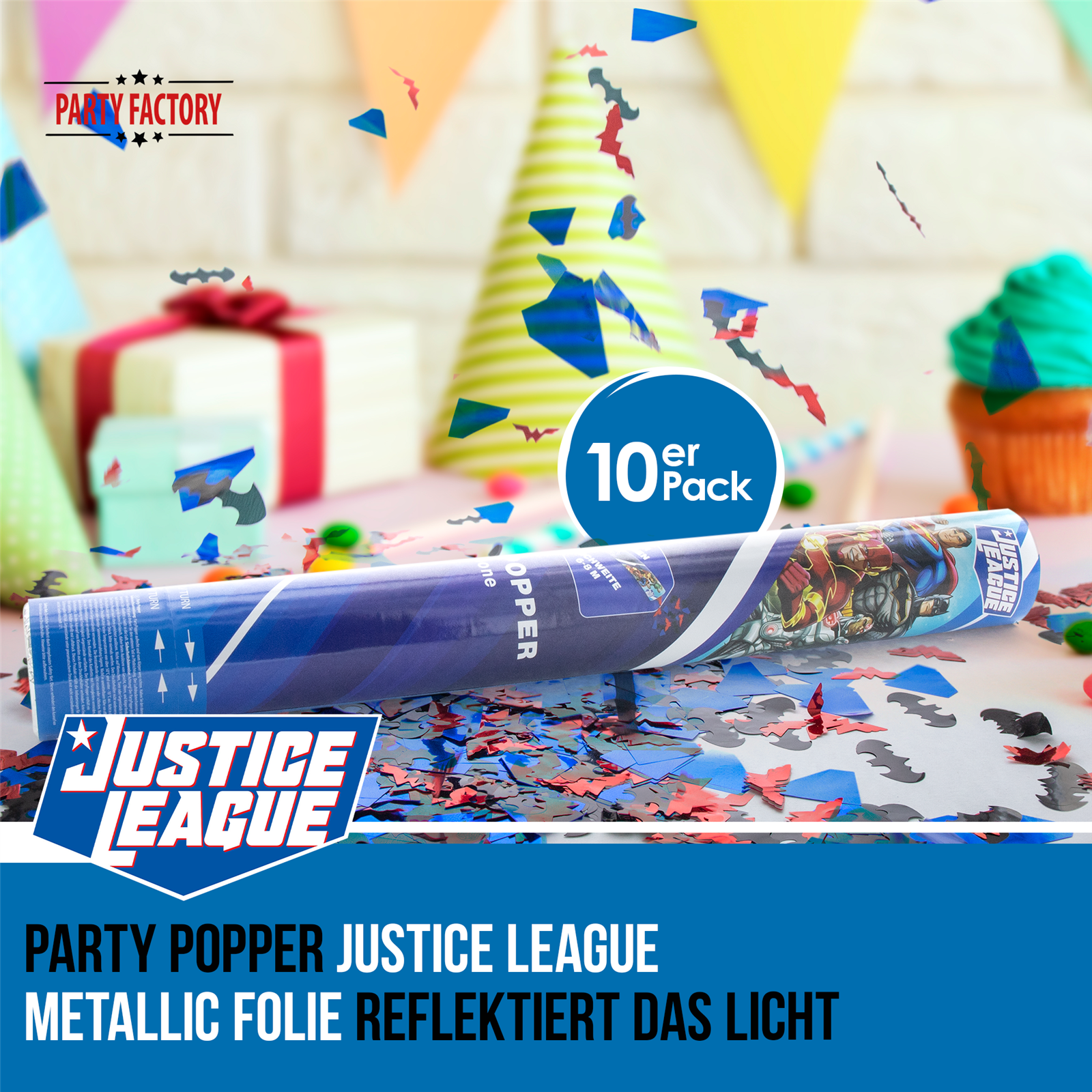Party Factory `Justice League´ Party Popper 10er Set, 40 cm Konfettikanone mit bunt schimmerndem Konfetti, bis zu 8 m Flughöhe 2
