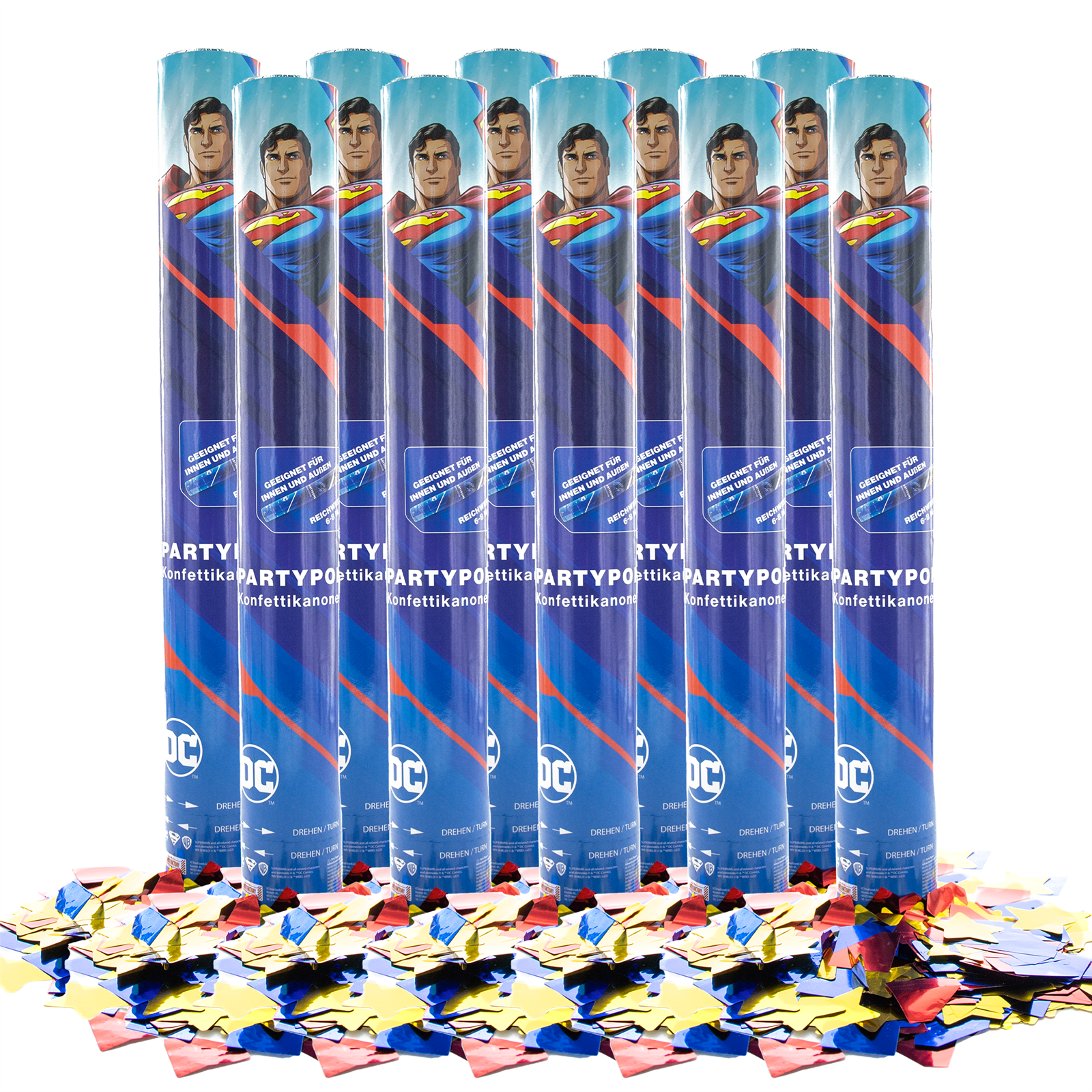 Party Factory `Superman´ Party Popper 10er Set, 40 cm Konfettikanone mit bunt schimmerndem Konfetti, bis zu 8 m Flughöhe
